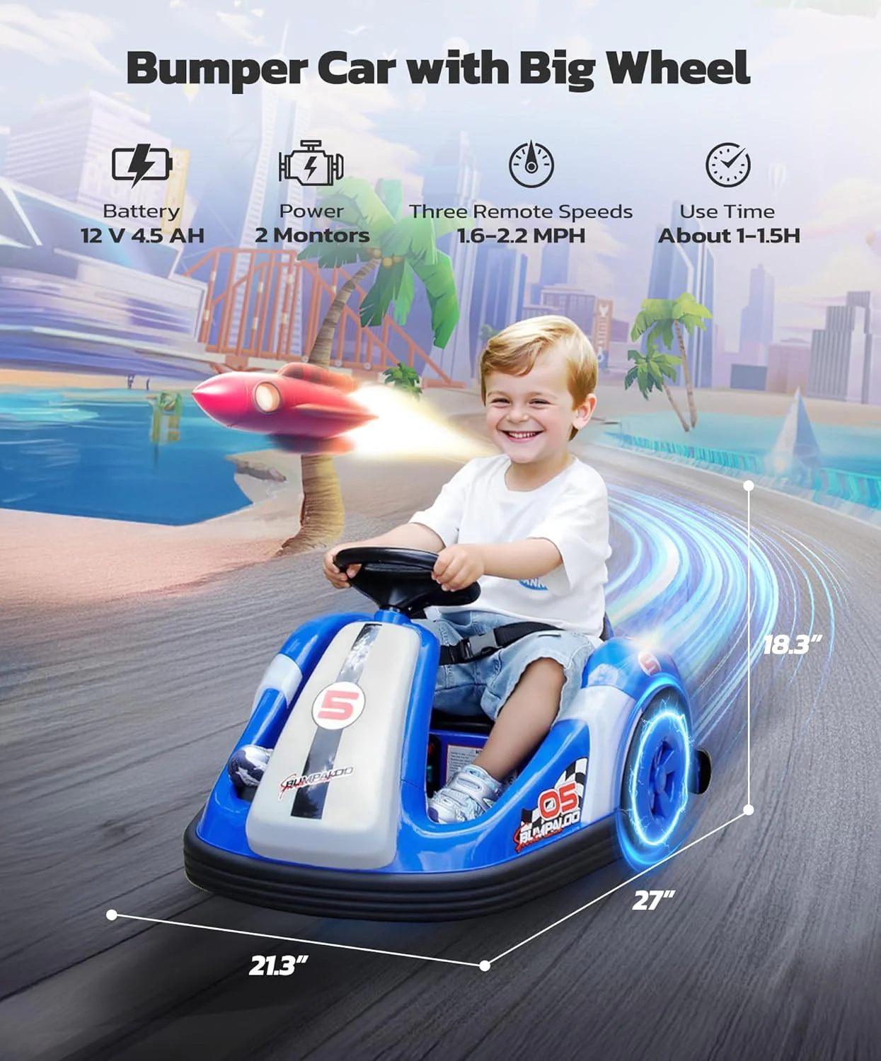 Toddler Bumper Cars with Large Wheels, 2.2 Mph Speed, 12V Electric Ride-On Toy - Image 2