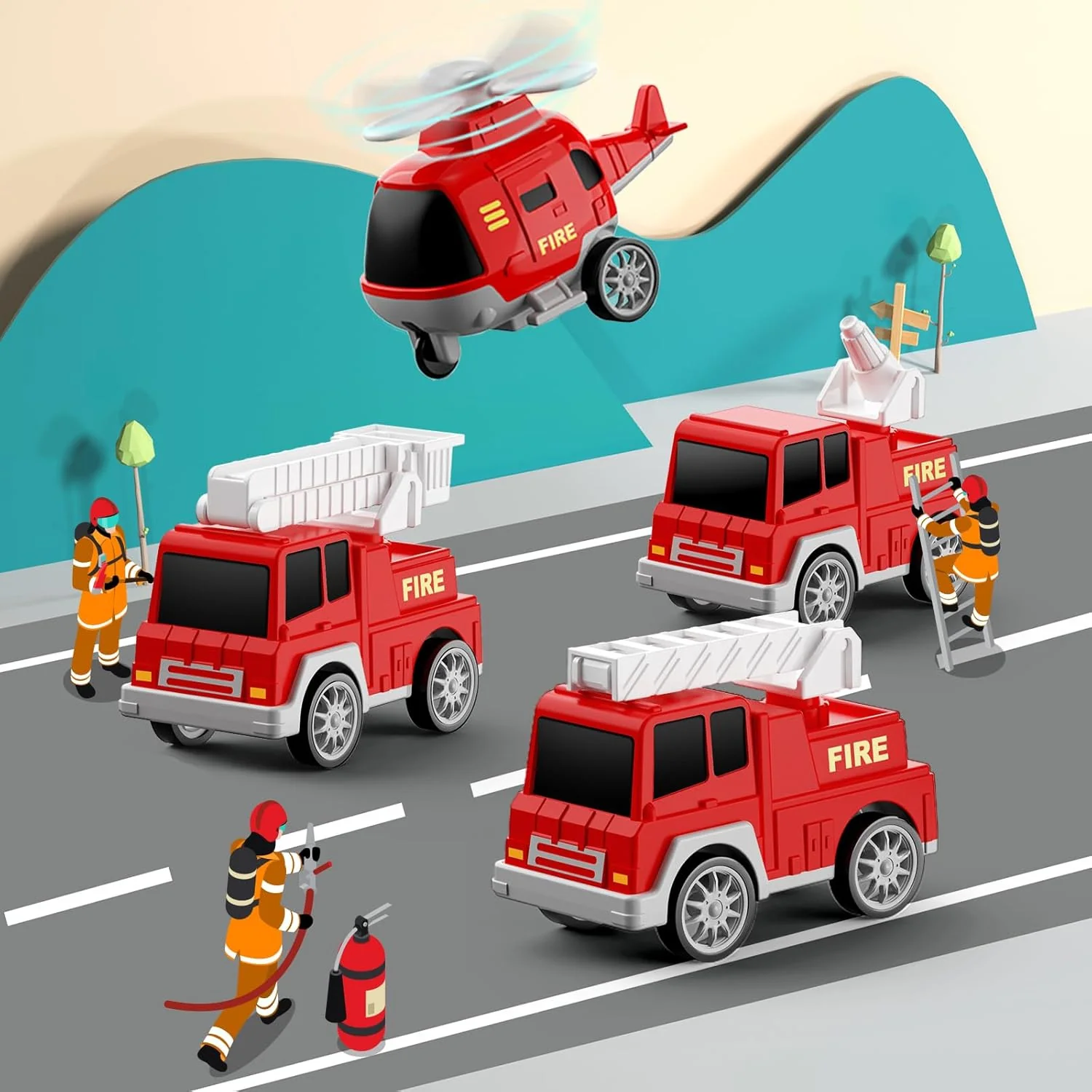 Camión de bomberos para niños de 3 a 9 años, 5 en 1 con motor de fricción - Image 4