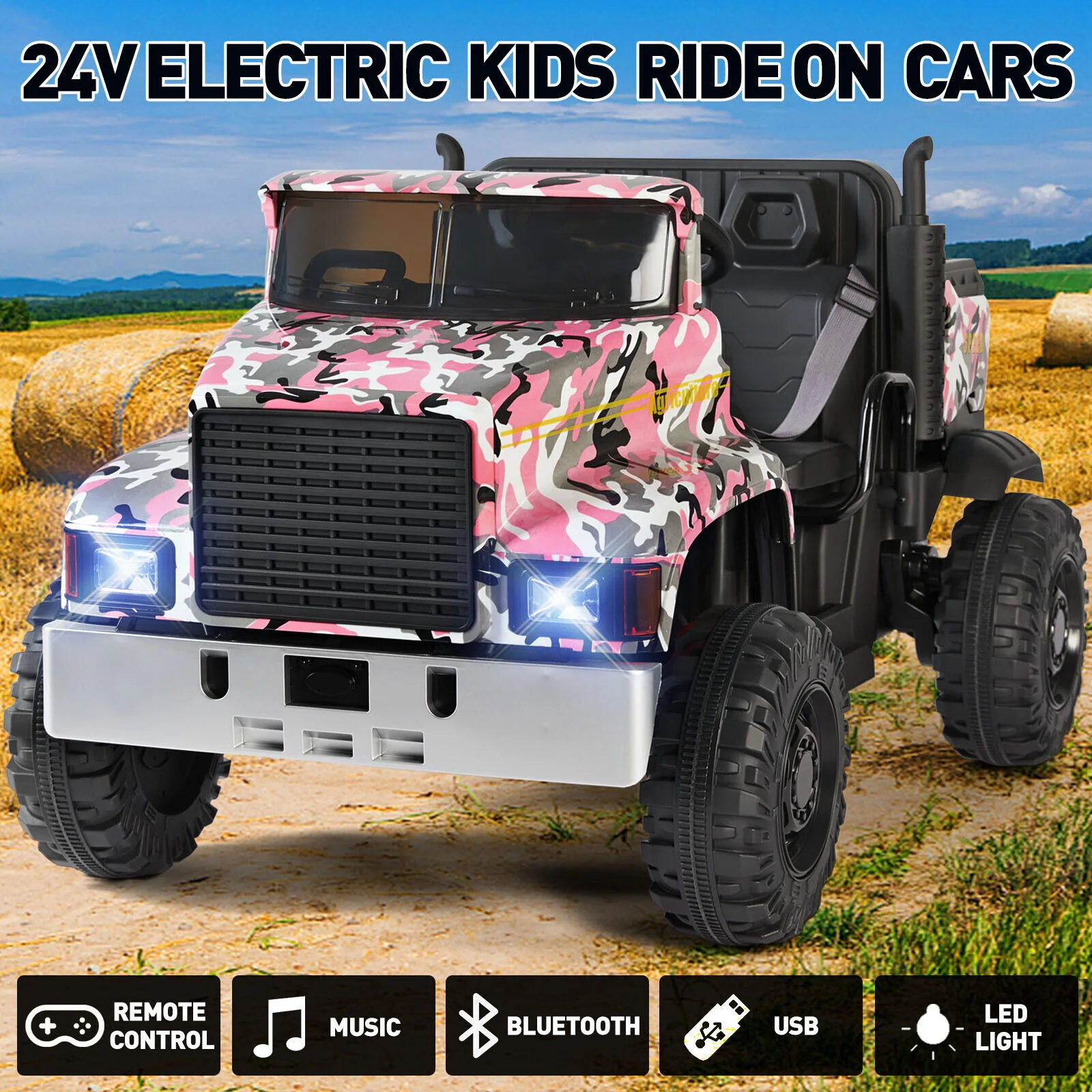 Camo Pink Ride-On Tractor with Trailer, Dump Bed, Bluetooth, and Remote Control - 3 Speed Options - Image 6