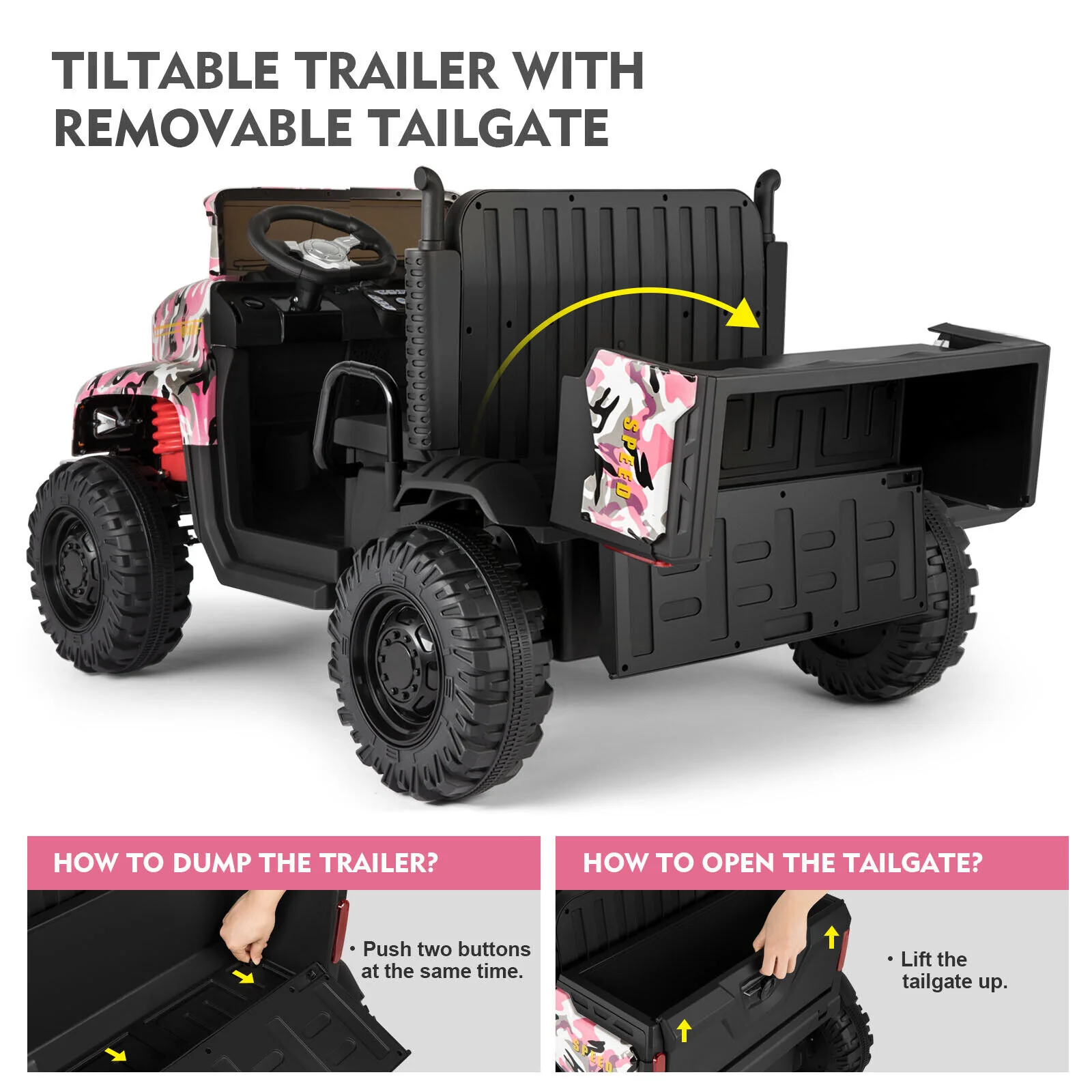 Camo Pink Ride-On Tractor with Trailer, Dump Bed, Bluetooth, and Remote Control - 3 Speed Options - Image 7