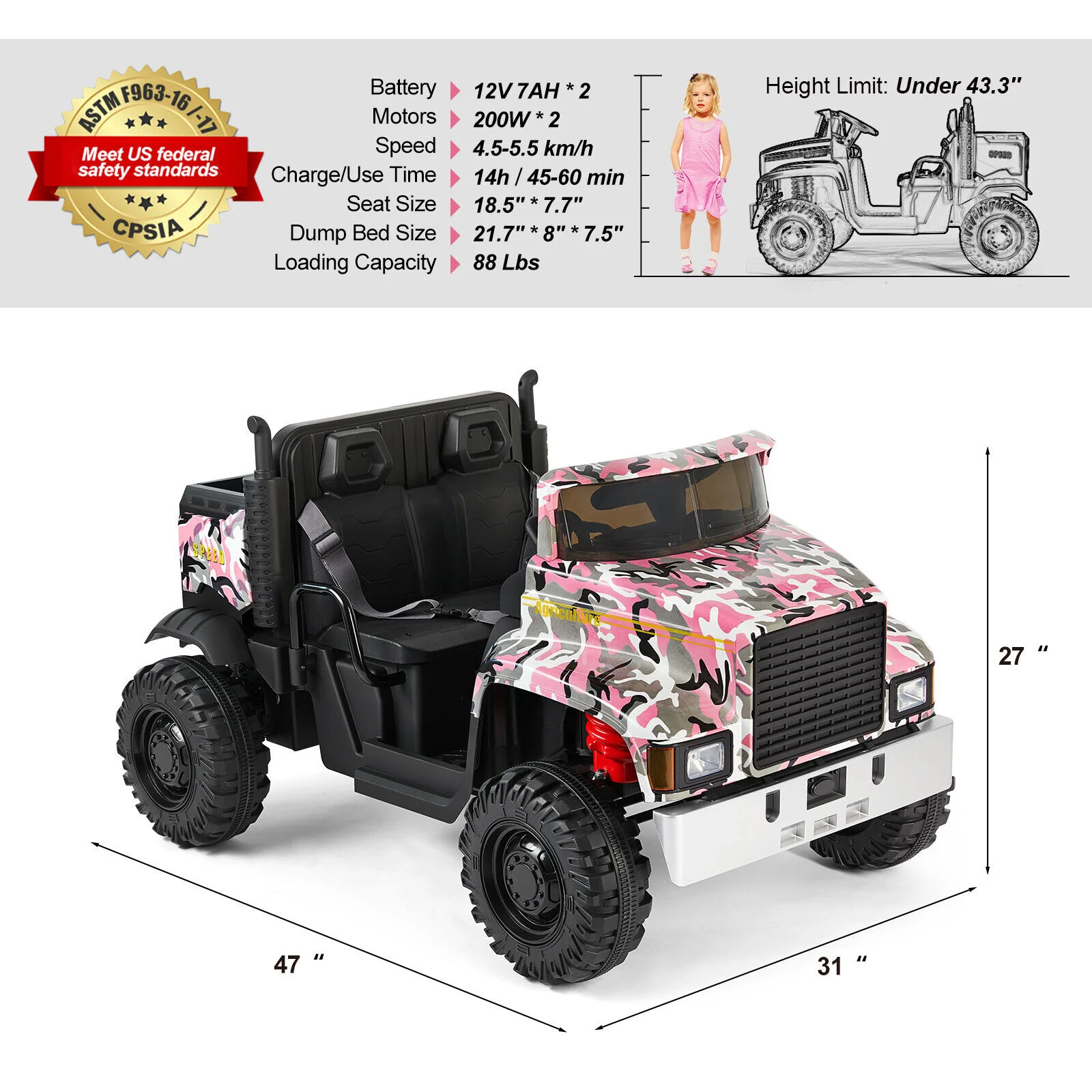 Camo Pink Ride-On Tractor with Trailer, Dump Bed, RC Control, and Bluetooth - 3 Speed Options - Image 2