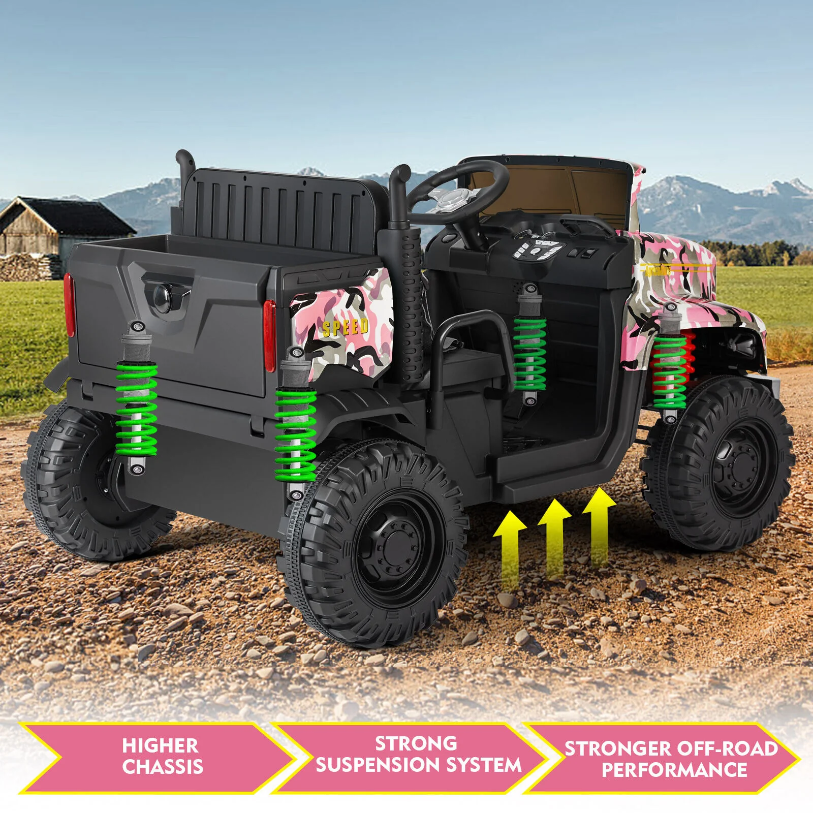 Camo Pink Ride-On Tractor with Trailer, Dump Bed, RC Control, and Bluetooth - 3 Speed Options - Image 8