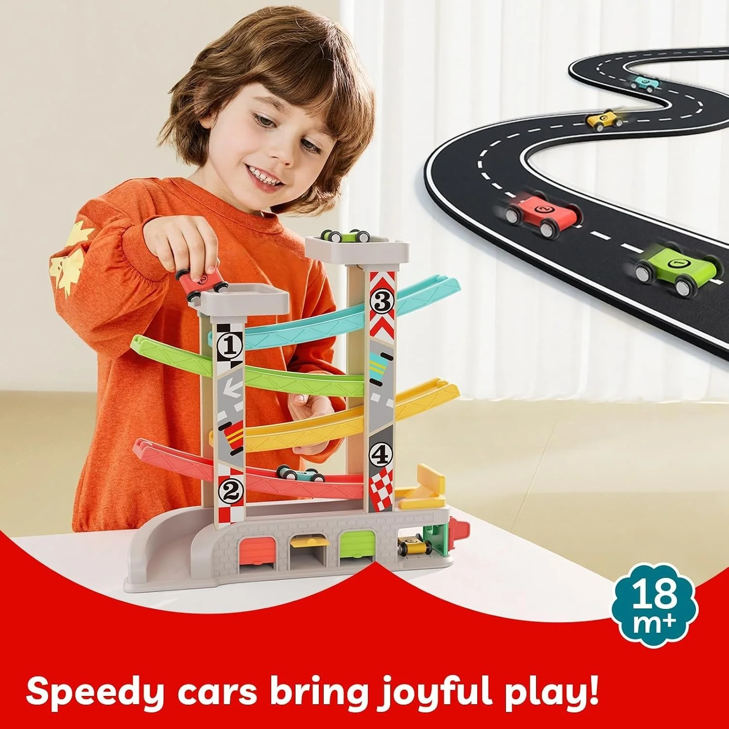 Race Track Car Ramp Set for Toddlers Aged 2-4 with 4 Vehicles - Image 4