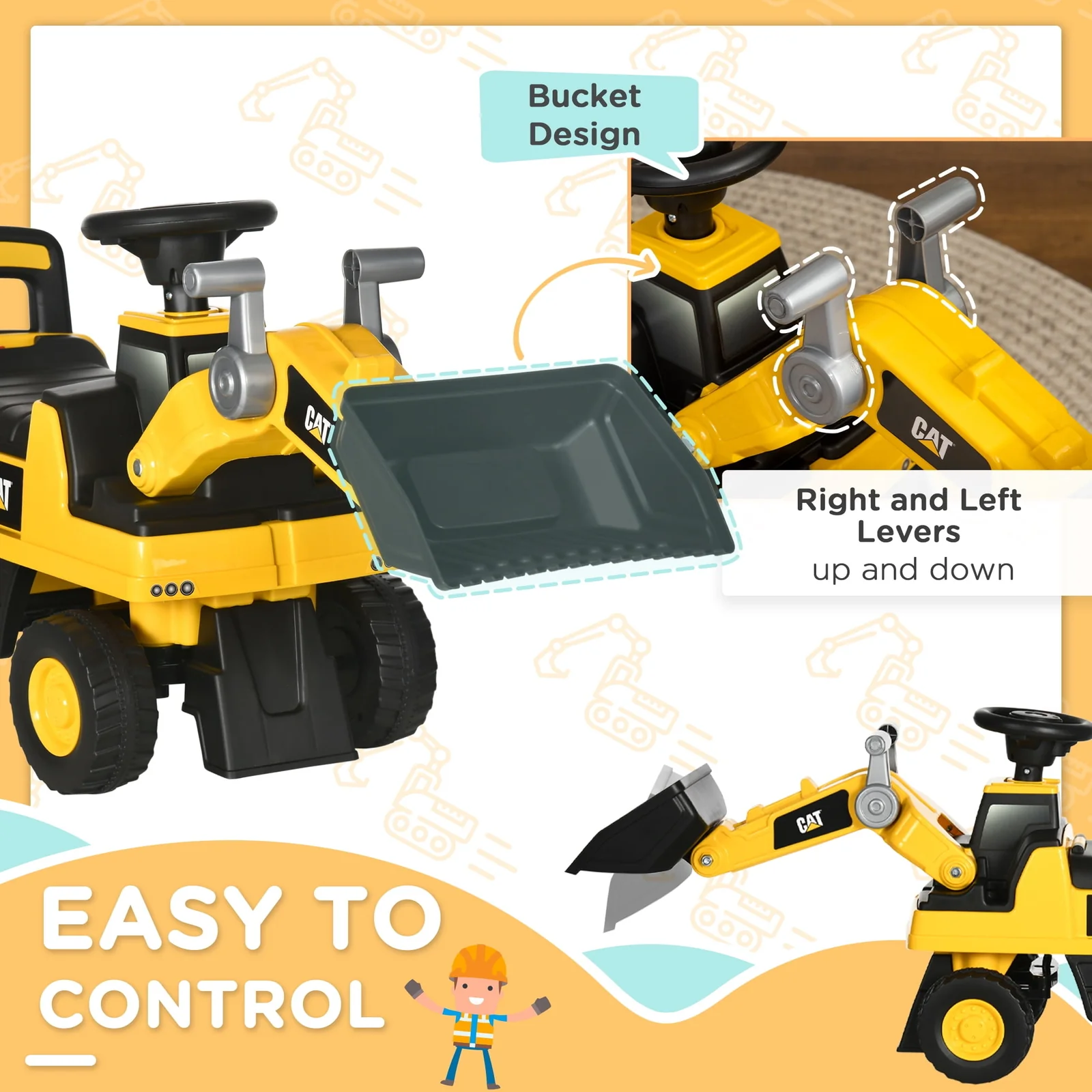 Licensed Kids Ride-On Excavator with Manual Shovel in Yellow - Image 4