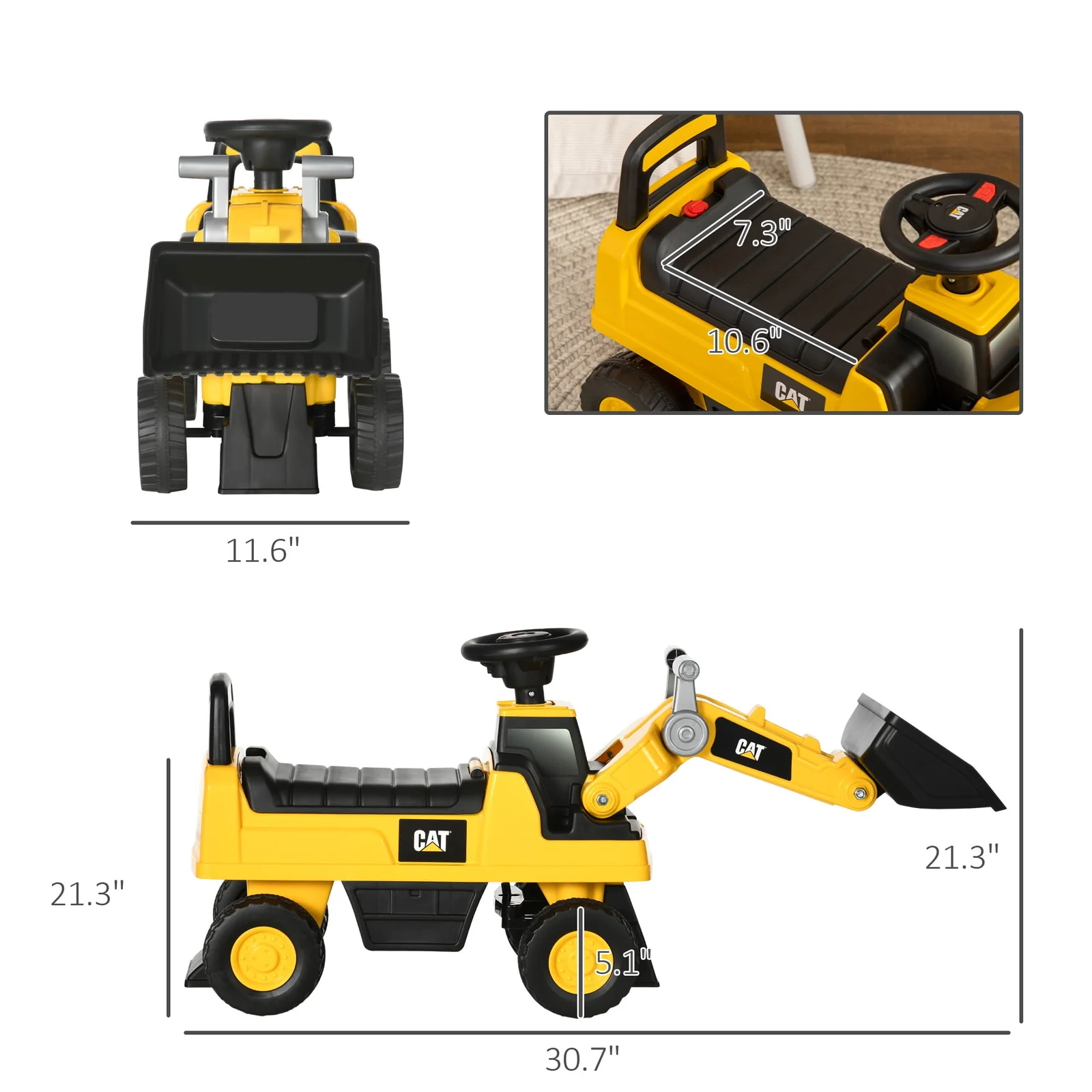 Licensed Kids Ride-On Excavator with Manual Shovel in Yellow - Image 7