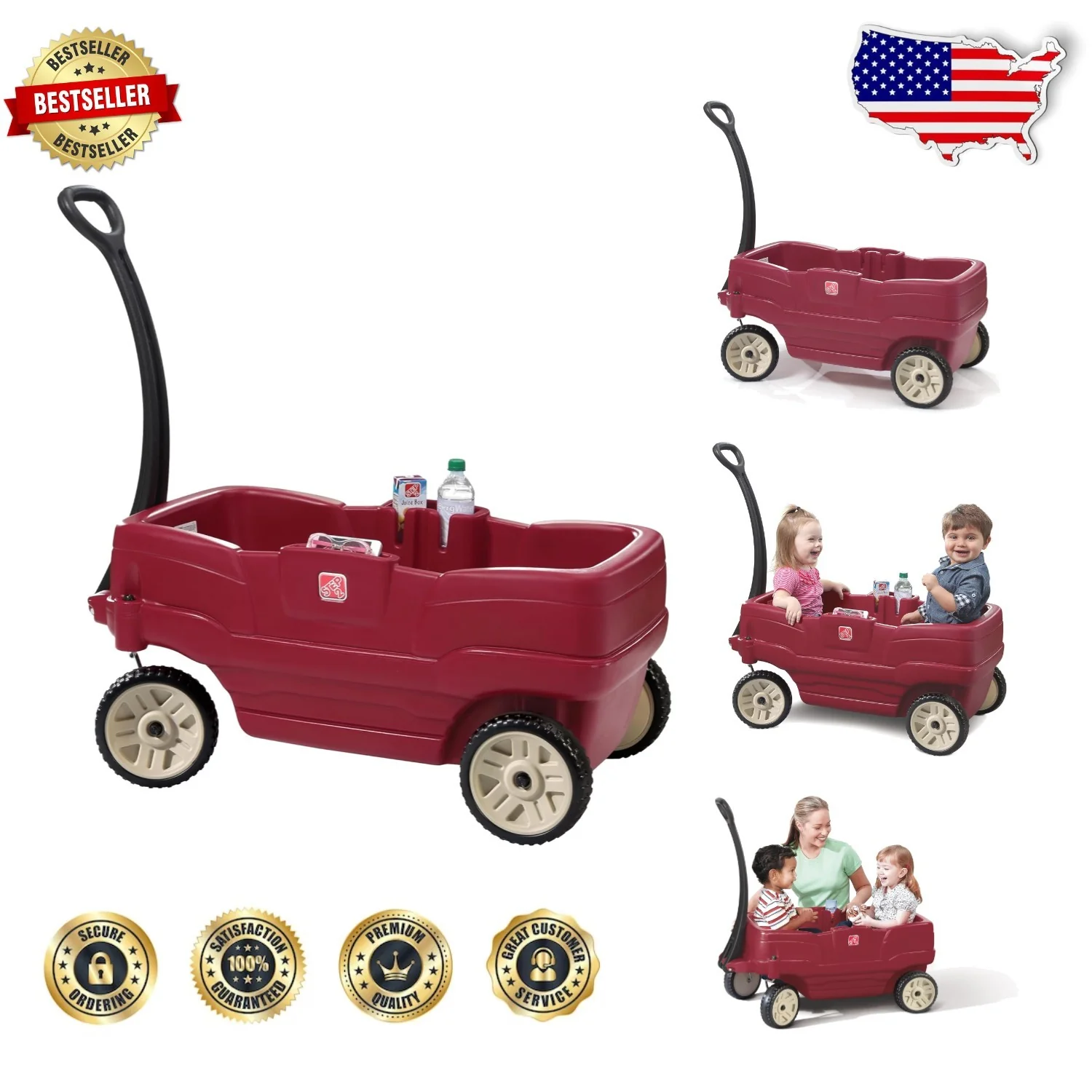 Compact Easy-to-Clean Kids Wagon with Side Storage, 75 lb Capacity