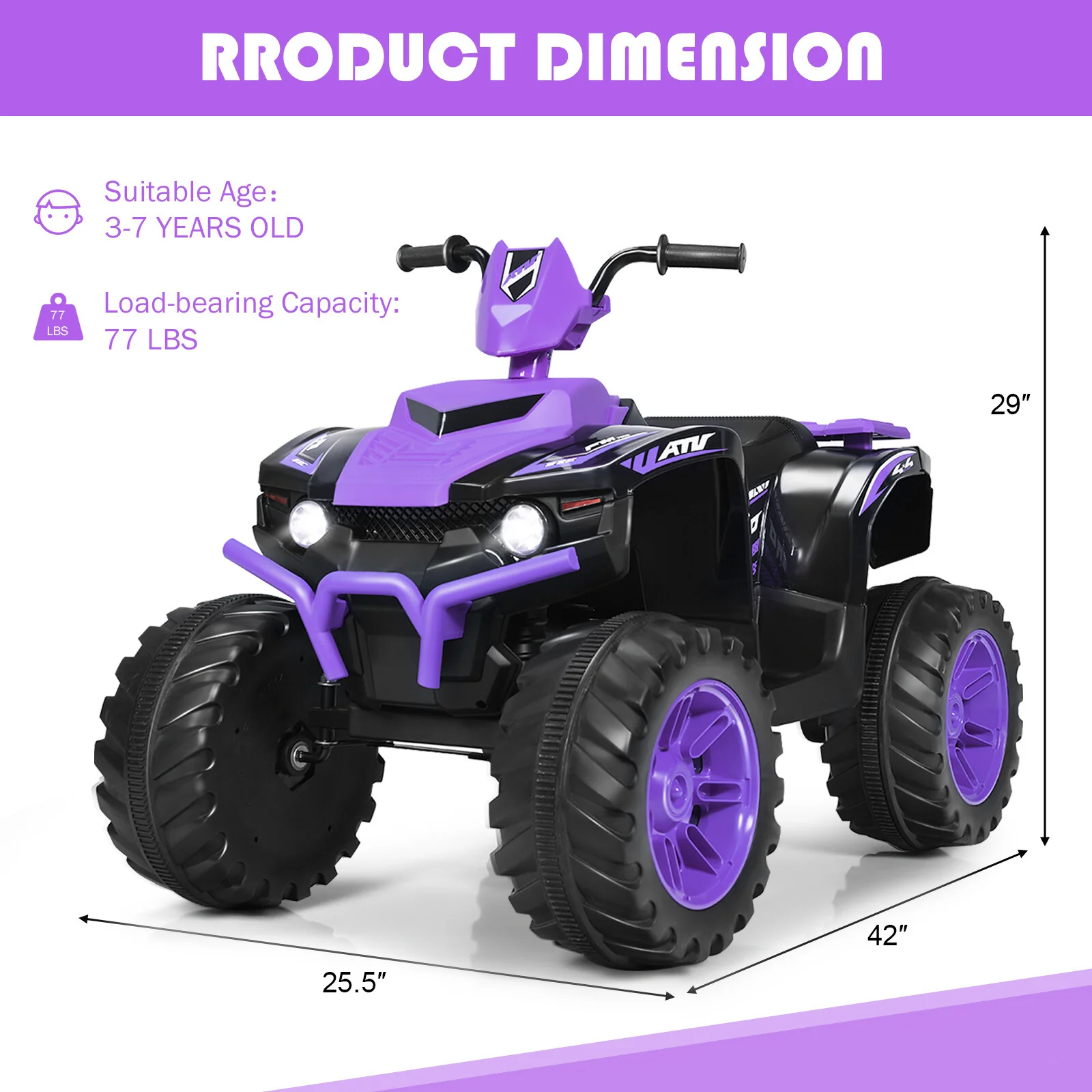 12V Kids 4-Wheeler ATV Ride-On Car with LED Lights and Music Purple - Image 2
