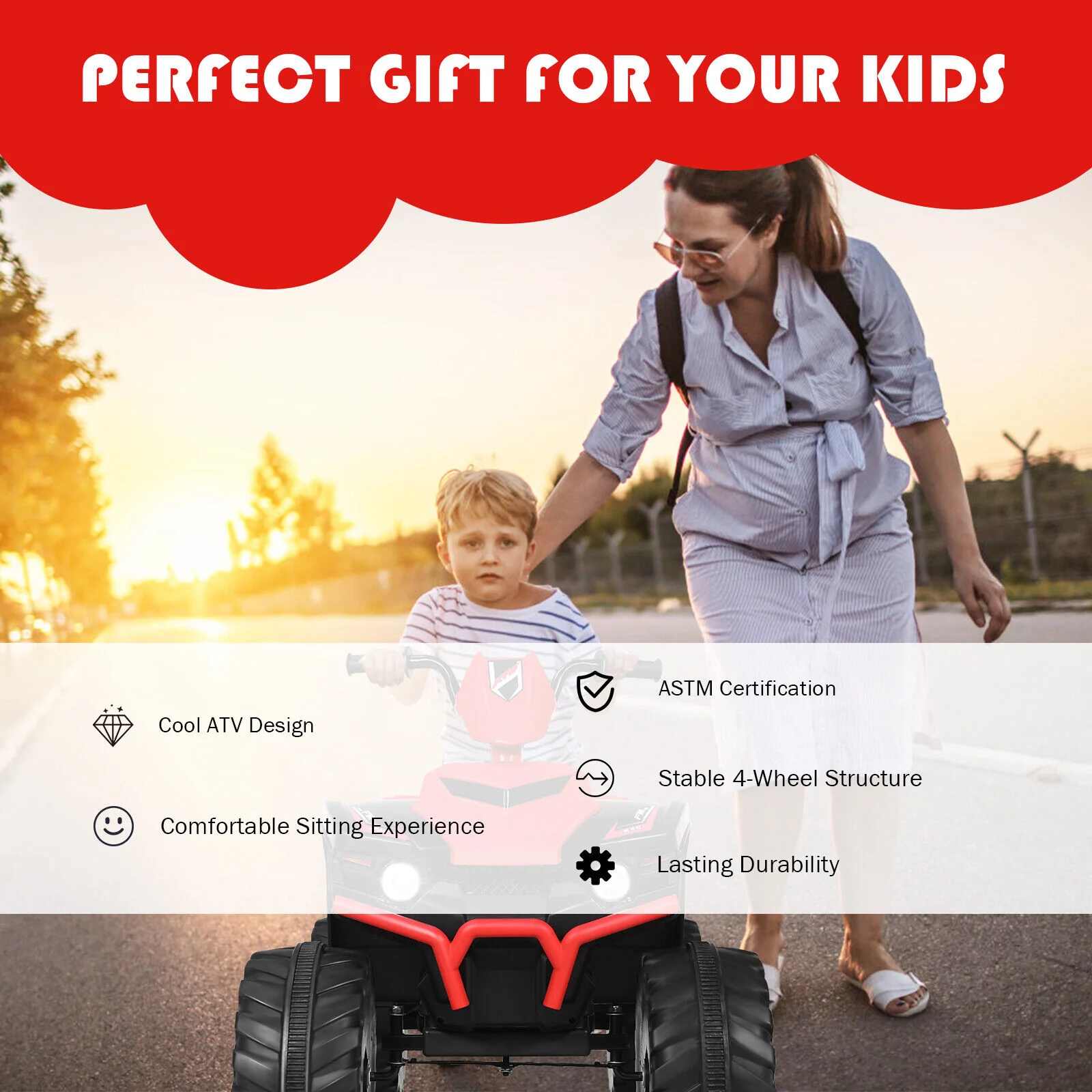 Costway 12V Kids ATV Quad Ride On Car with LED Light & Music in Red - Image 9