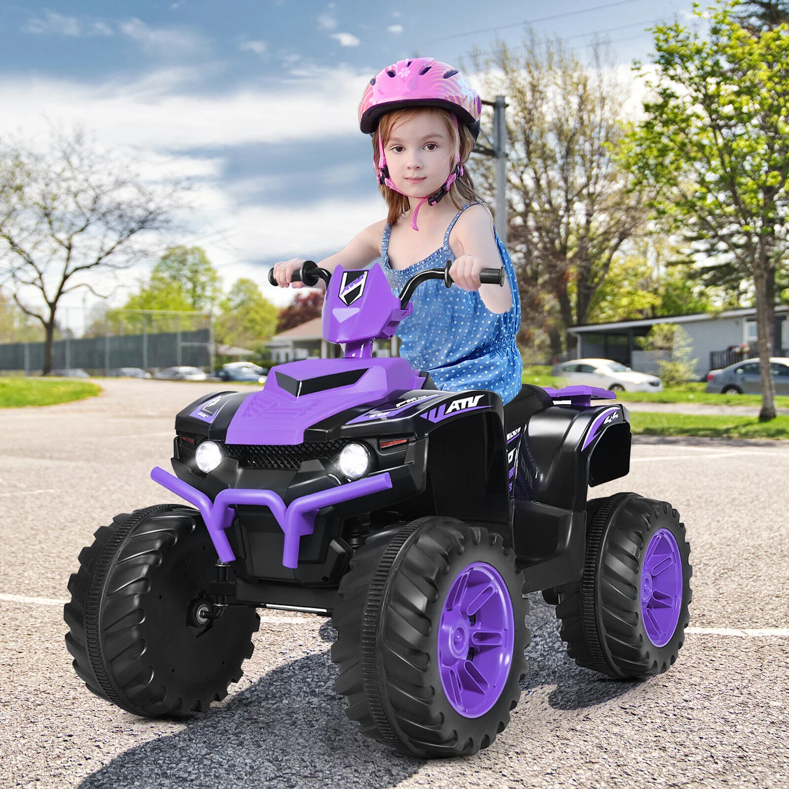 Costway 12V Kids ATV Quad Ride On Car with LED Light & Music - Purple - Image 3
