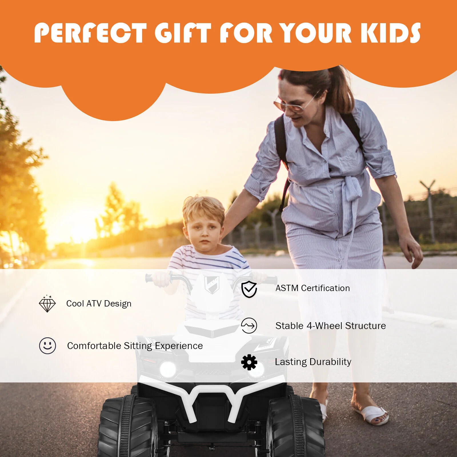 Costway 12V Kids ATV Quad Ride On Car with LED Light & Music - White - Image 9