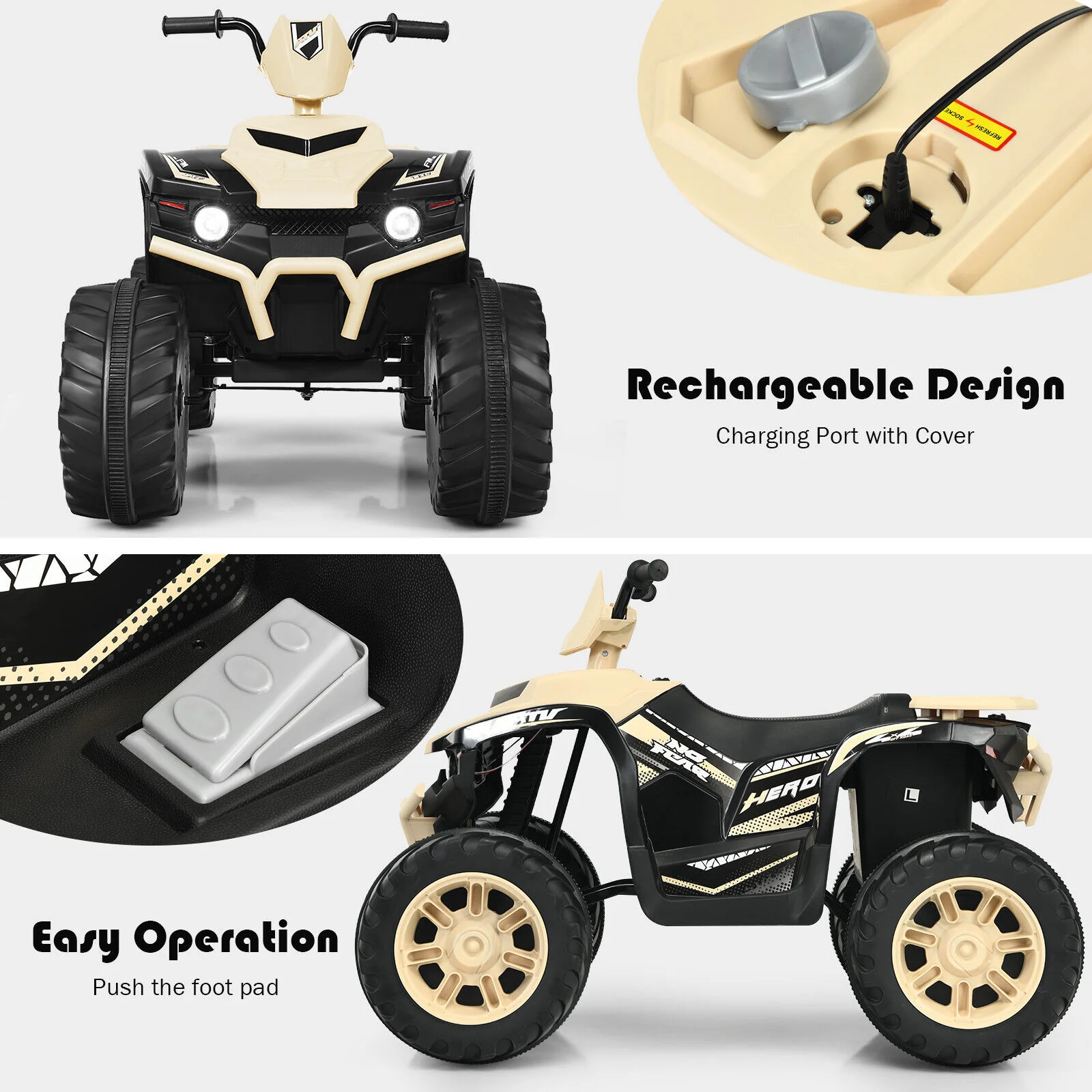 Costway 12V Kids ATV Quad Ride On Car with LED Light & Music - Yellow - Image 10