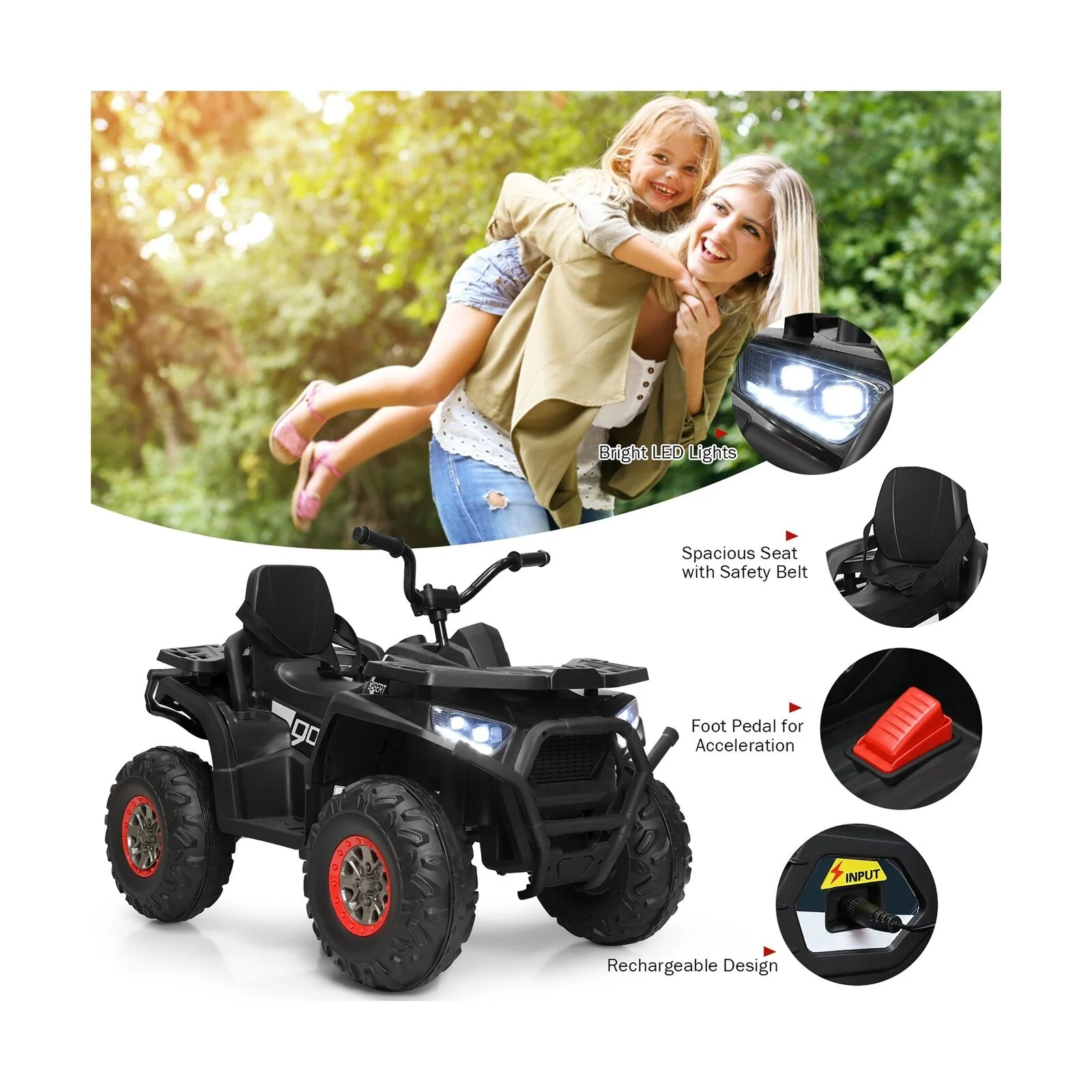 Costway 12V Kids Electric ATV Quad with MP3 Player and LED Lights - 2 Speed Ride On Car - Image 3