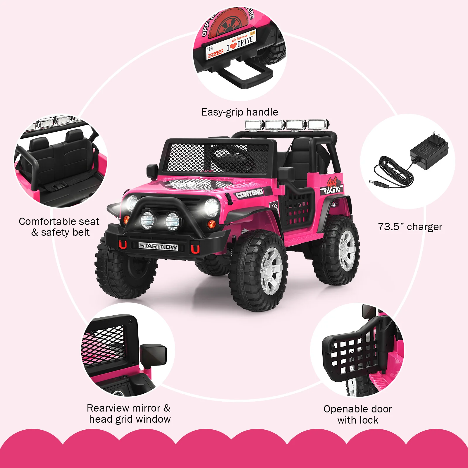 12V Kids Electric Ride-On Truck with Remote Control, Lights, and Music - Pink - Image 10