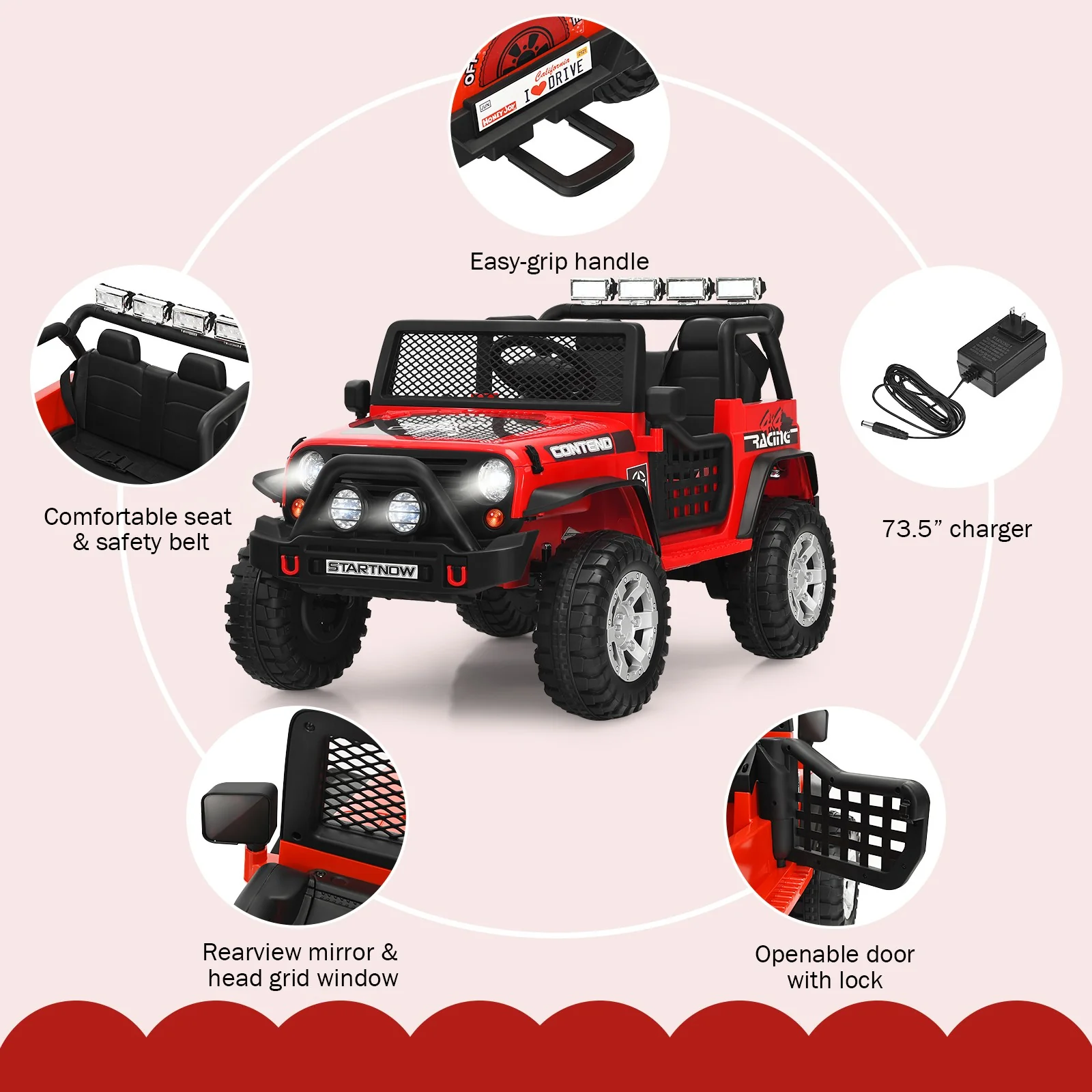 12V Kids Electric Ride-On Truck with Remote Control, Lights, and Music - Red - Image 10