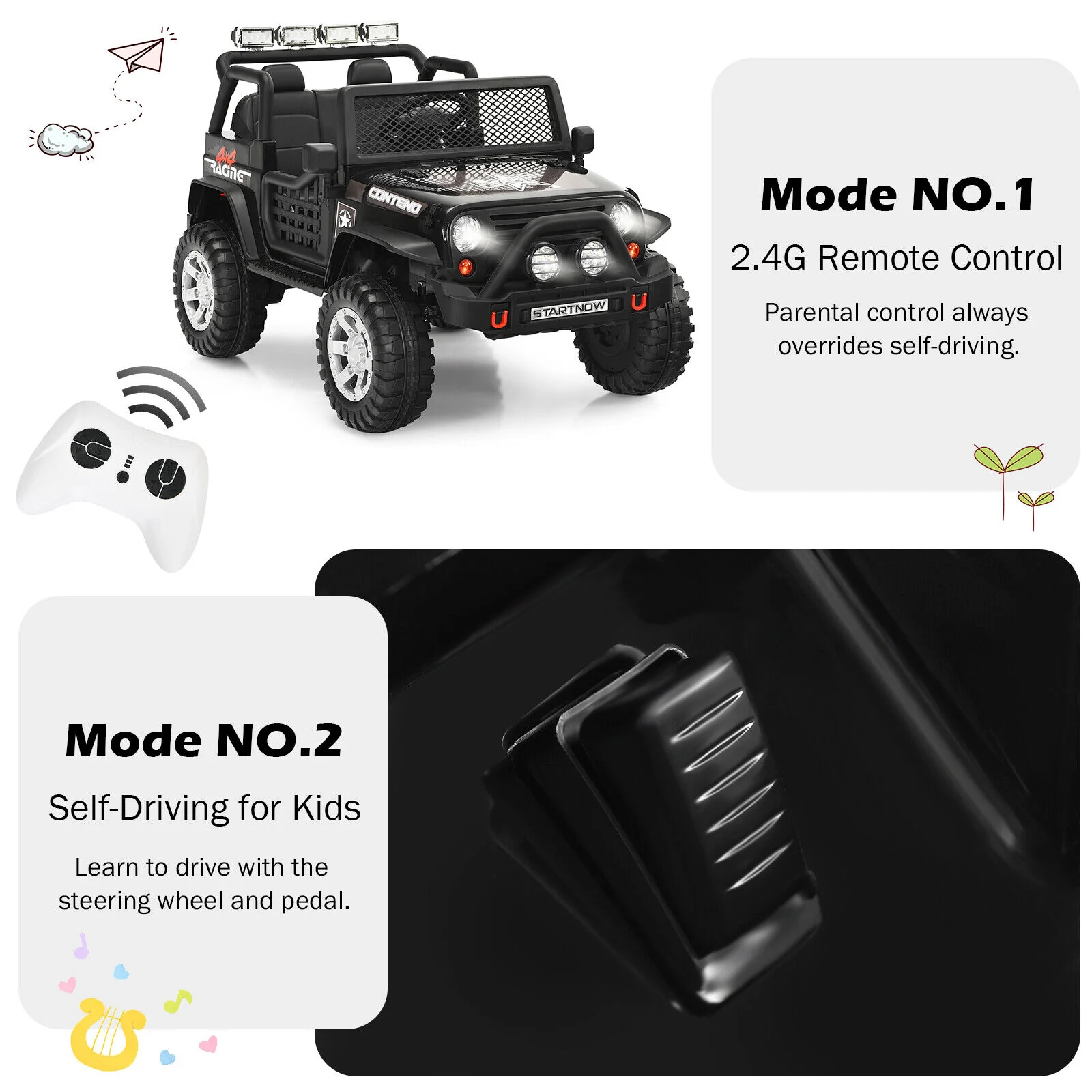 Costway 12V Kids Ride On Truck with Remote Control, Lights, and Music - Black - Image 9