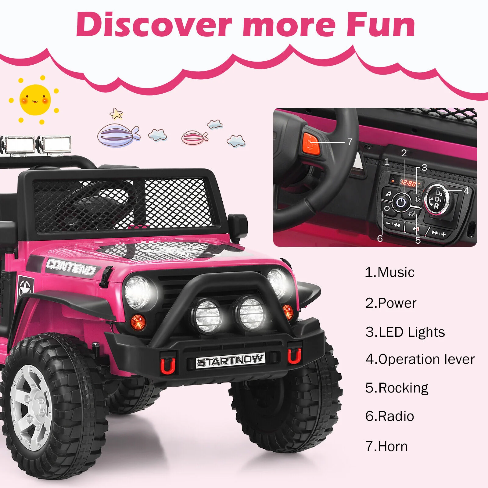 Costway 12V Kids Ride On Truck with Remote Control, Lights, and Music - Pink - Image 8