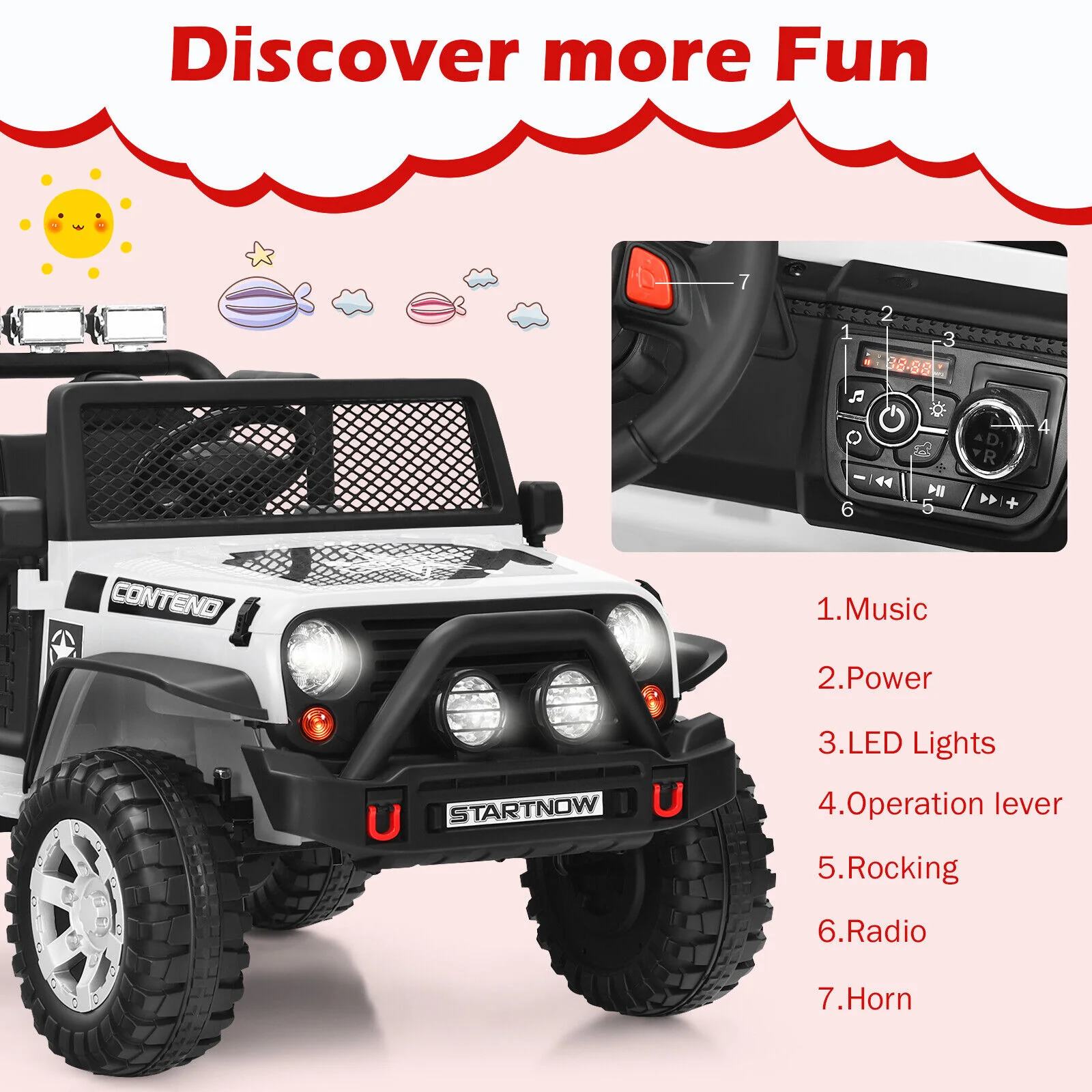 Costway 12V Kids Ride On Truck with Remote Control, Lights, and Music - White - Image 8