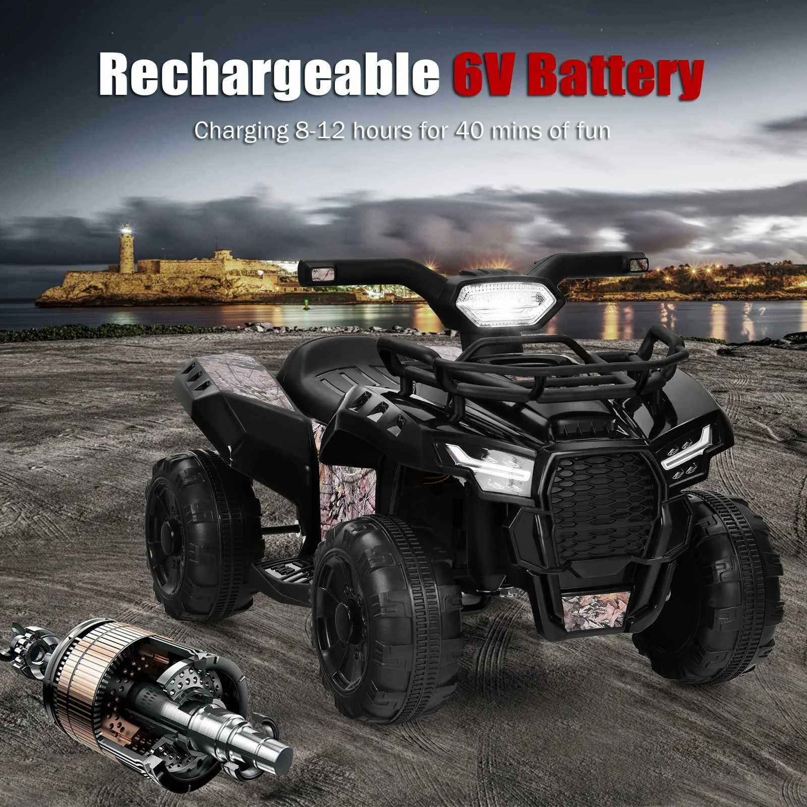 6V Kids Electric Ride-On ATV Quad Toy Car with LED Lights and MP3 Player Black - Image 6