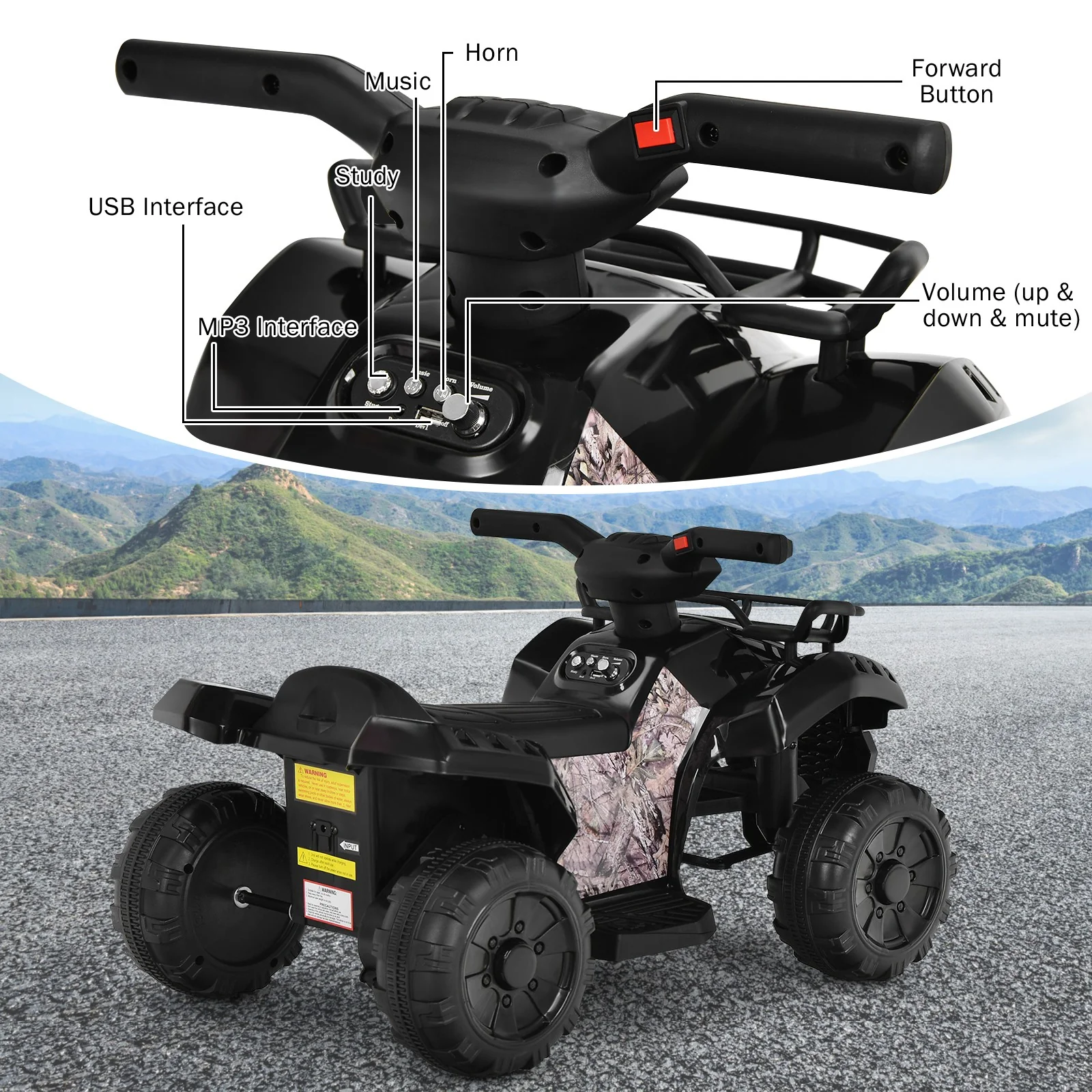 6V Kids Electric Ride-On ATV Quad Toy Car with LED Lights and MP3 Player Black - Image 9