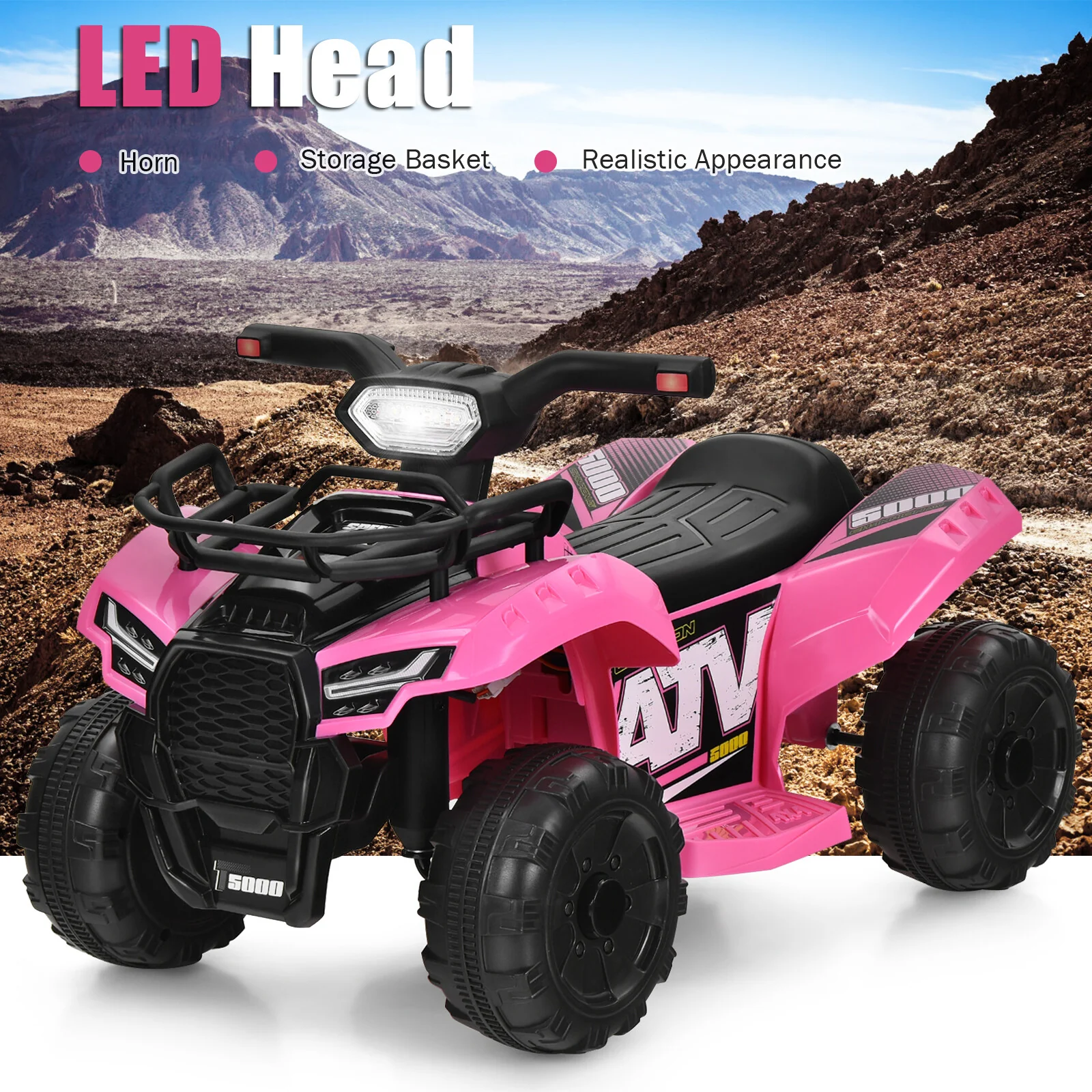 6V Electric Kids ATV Ride-On Quad Toy Car for Toddlers with LED Lights and MP3 Pink - Image 5
