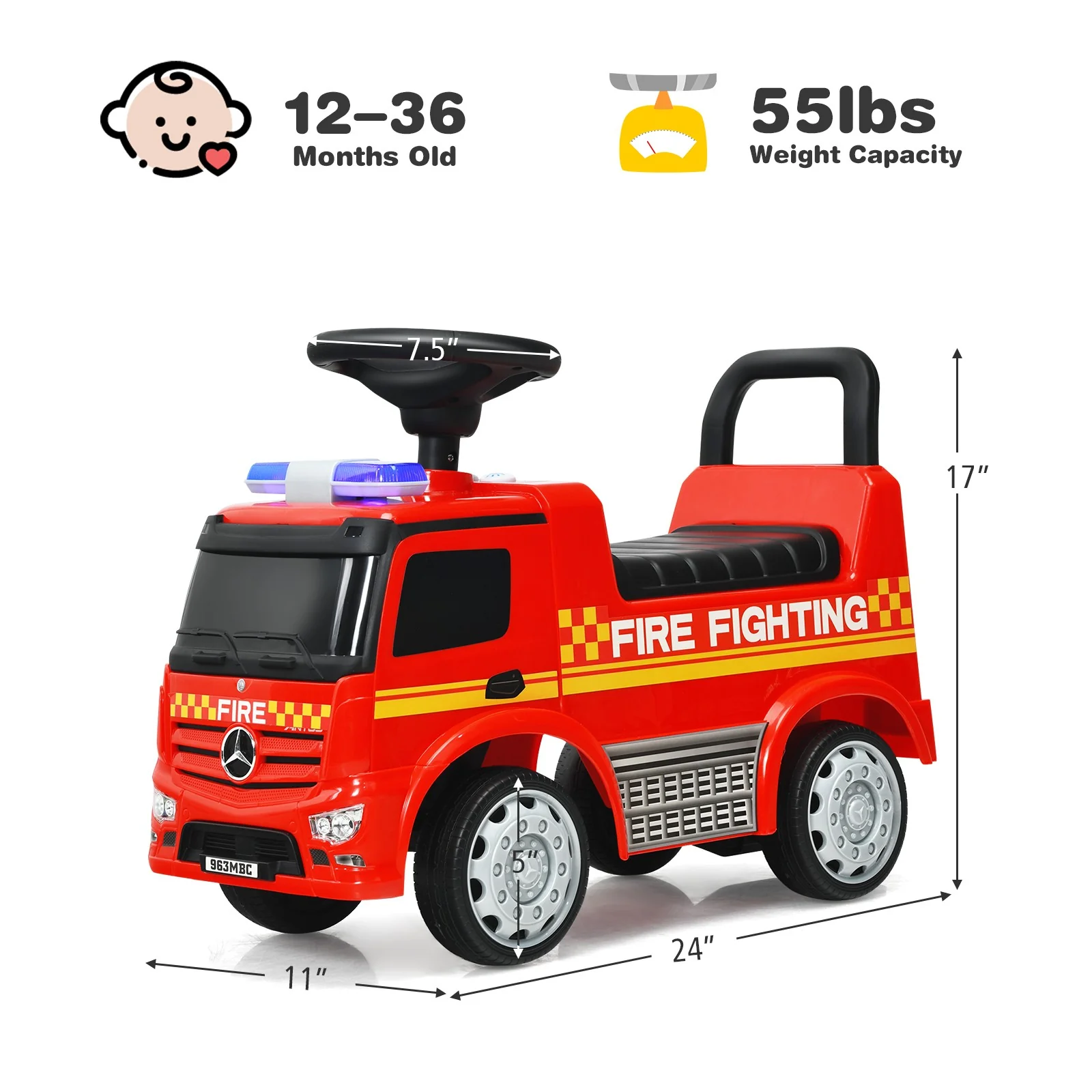 Kids Licensed Mercedes Benz Red Fire Engine Push and Ride-On Racer Toy - Image 2