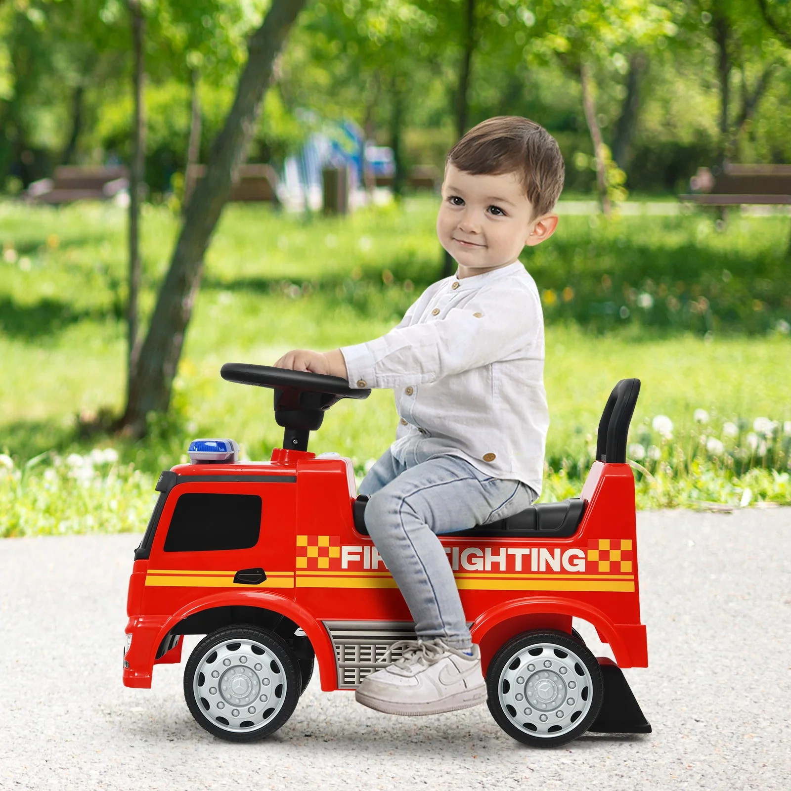 Kids Licensed Mercedes Benz Red Fire Engine Push and Ride-On Racer Toy - Image 4