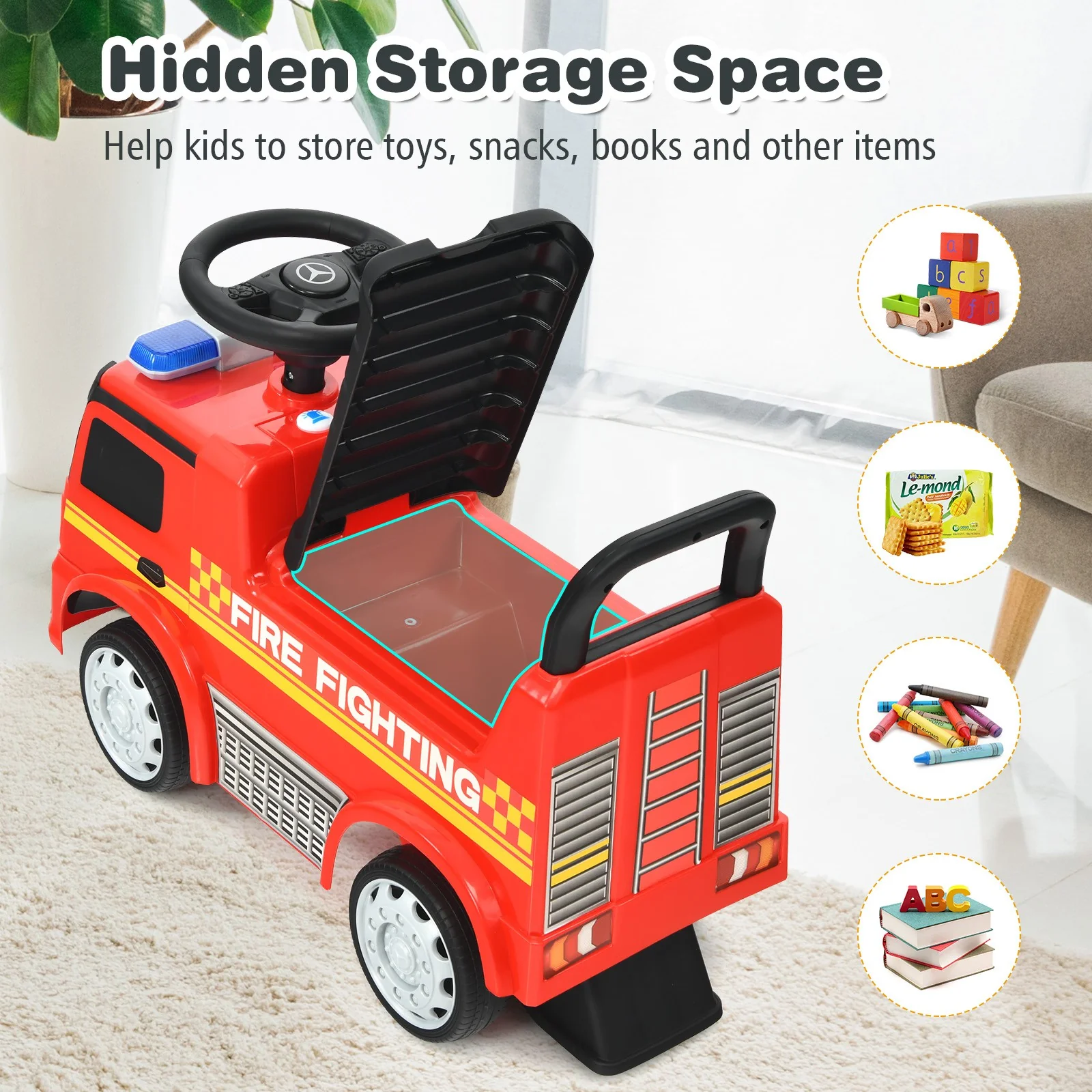 Kids Licensed Mercedes Benz Red Fire Engine Push and Ride-On Racer Toy - Image 8