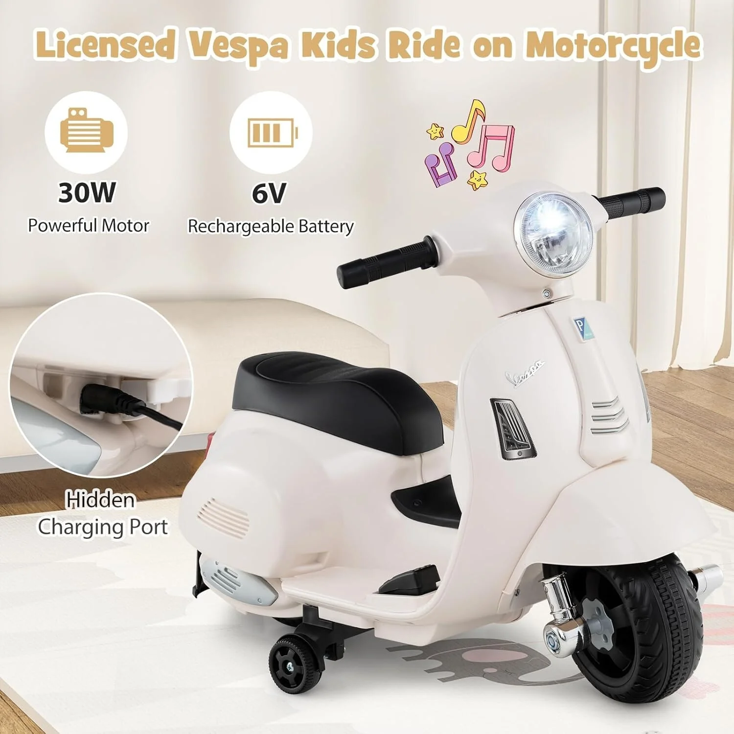 Licensed Vespa Ride-On Toy Motorcycle with Training Wheels for Toddlers - Image 5