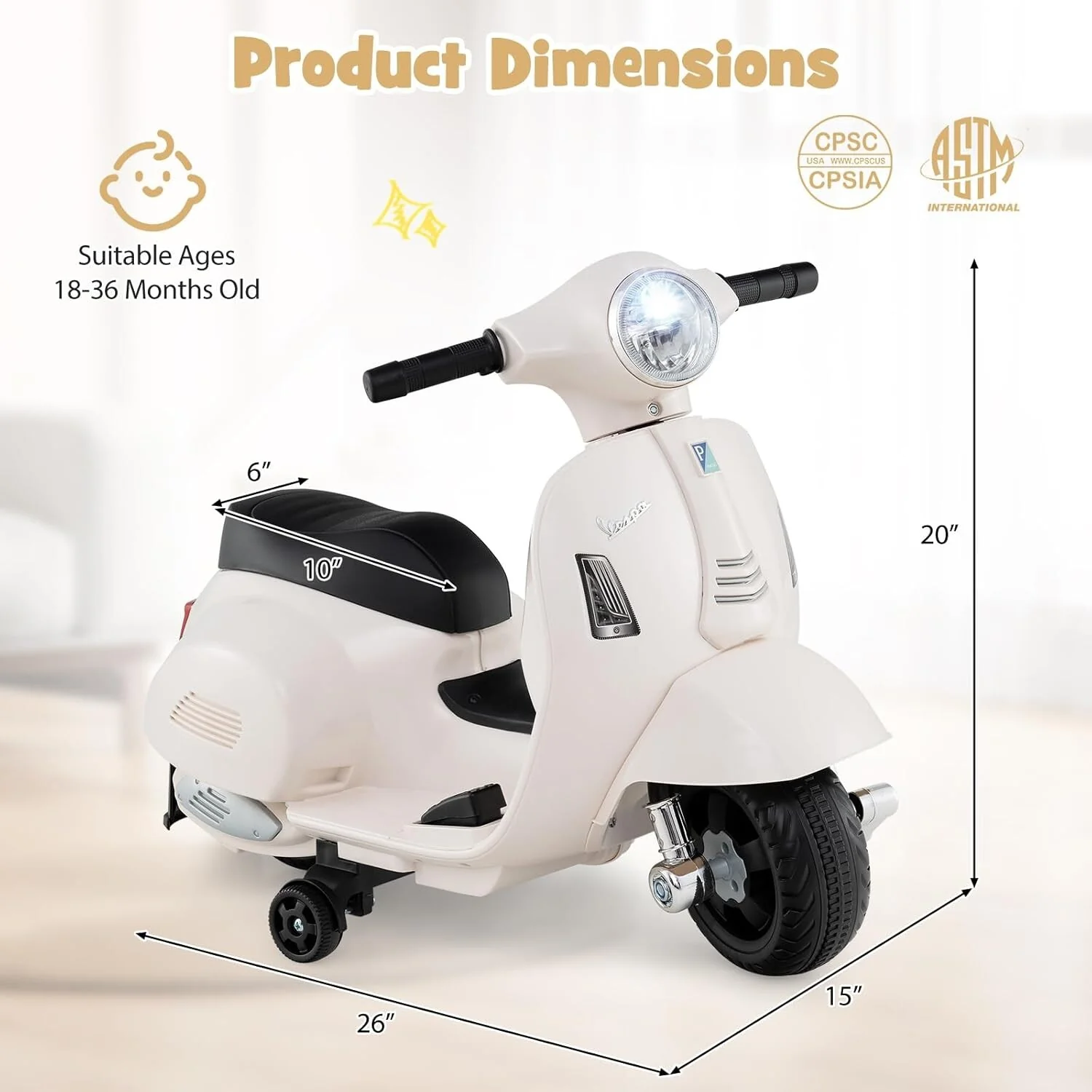 Licensed Vespa Ride-On Toy Motorcycle with Training Wheels for Toddlers - Image 8