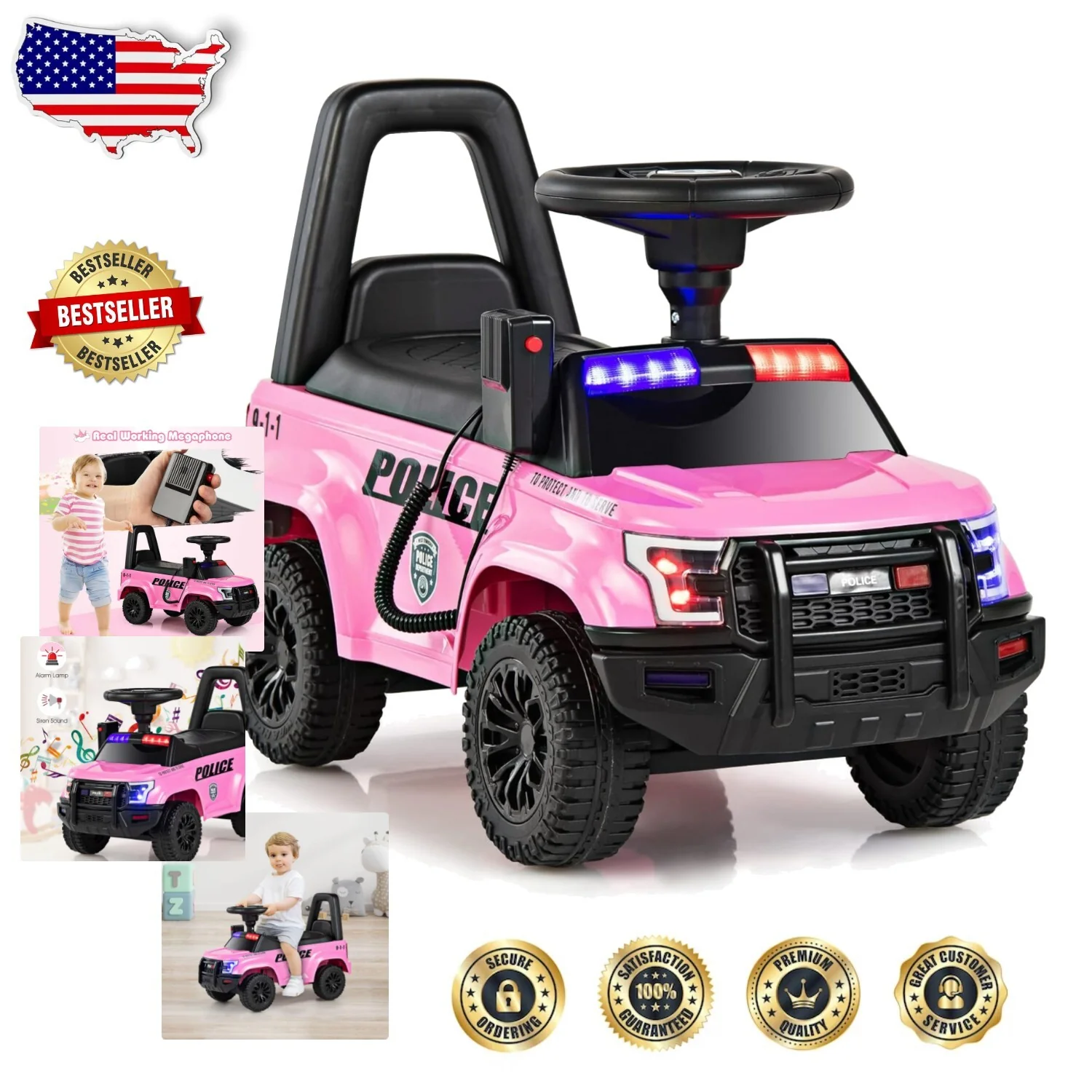 CPSIA Approved Pink Police Ride-On Car with Hidden Storage for Ages 1-3 - Image 12