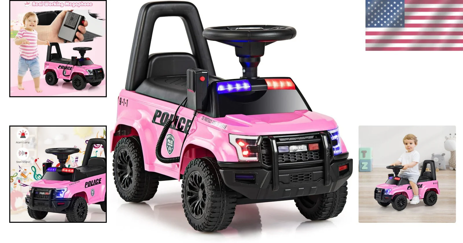 CPSIA Approved Pink Police Ride-On Car with Hidden Storage for Ages 1-3 - Image 2