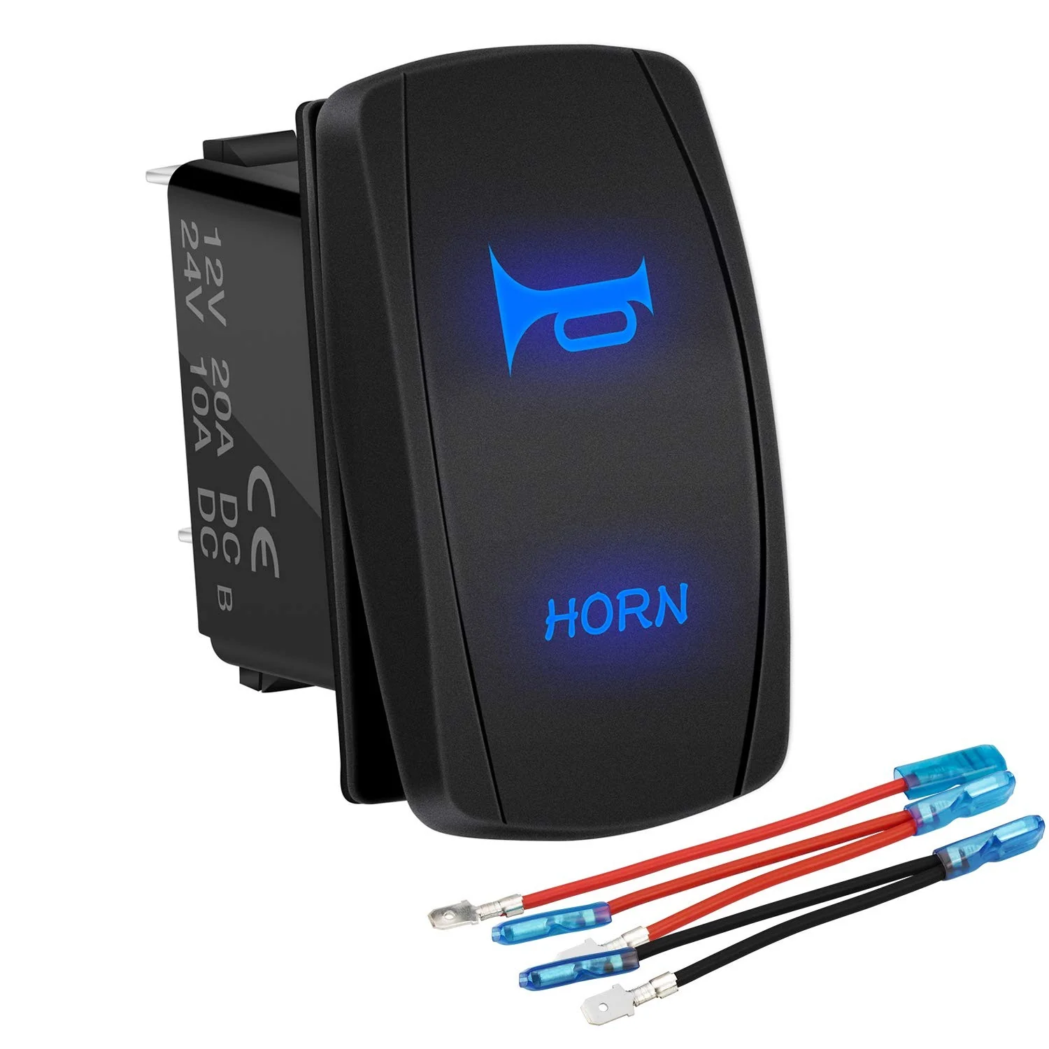 12V Blue LED Momentary Rocker Horn Button Switch with Polarity Protection