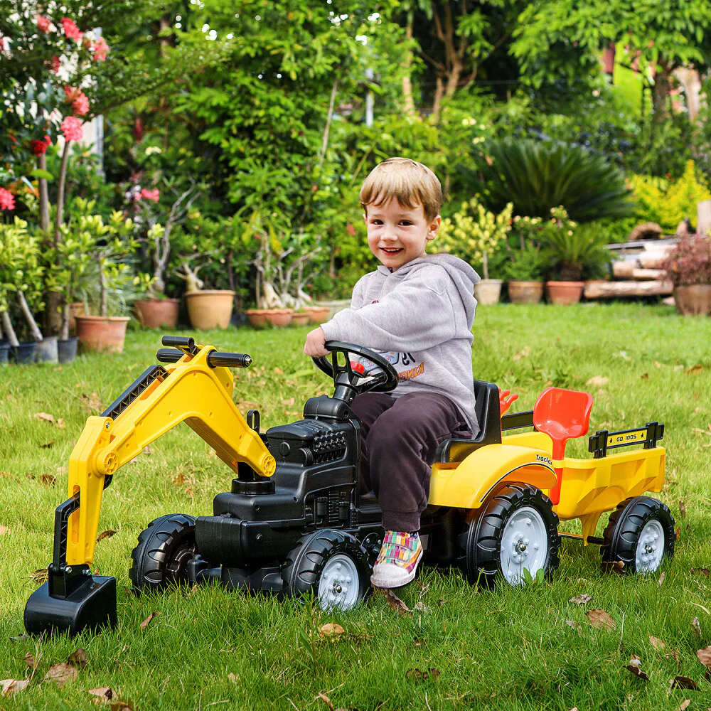 Kids Ride-On Excavator Truck with 6 Wheels and Detachable Trailer Toy Car - Image 7