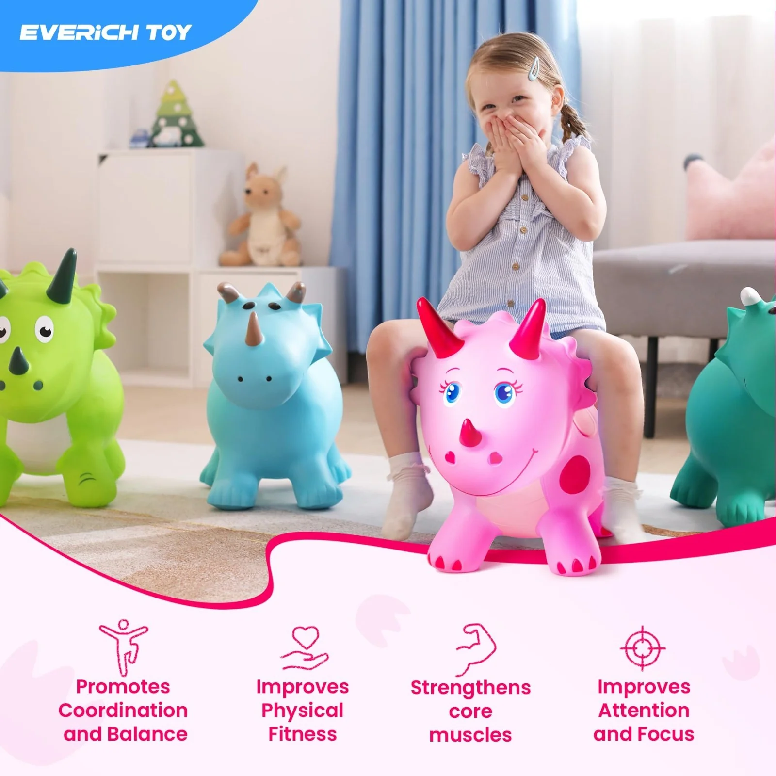 Pink Triceratops Bouncy Hopper Toy for Kids Aged 2-5, Perfect for Indoor and Outdoor Fun - Image 4