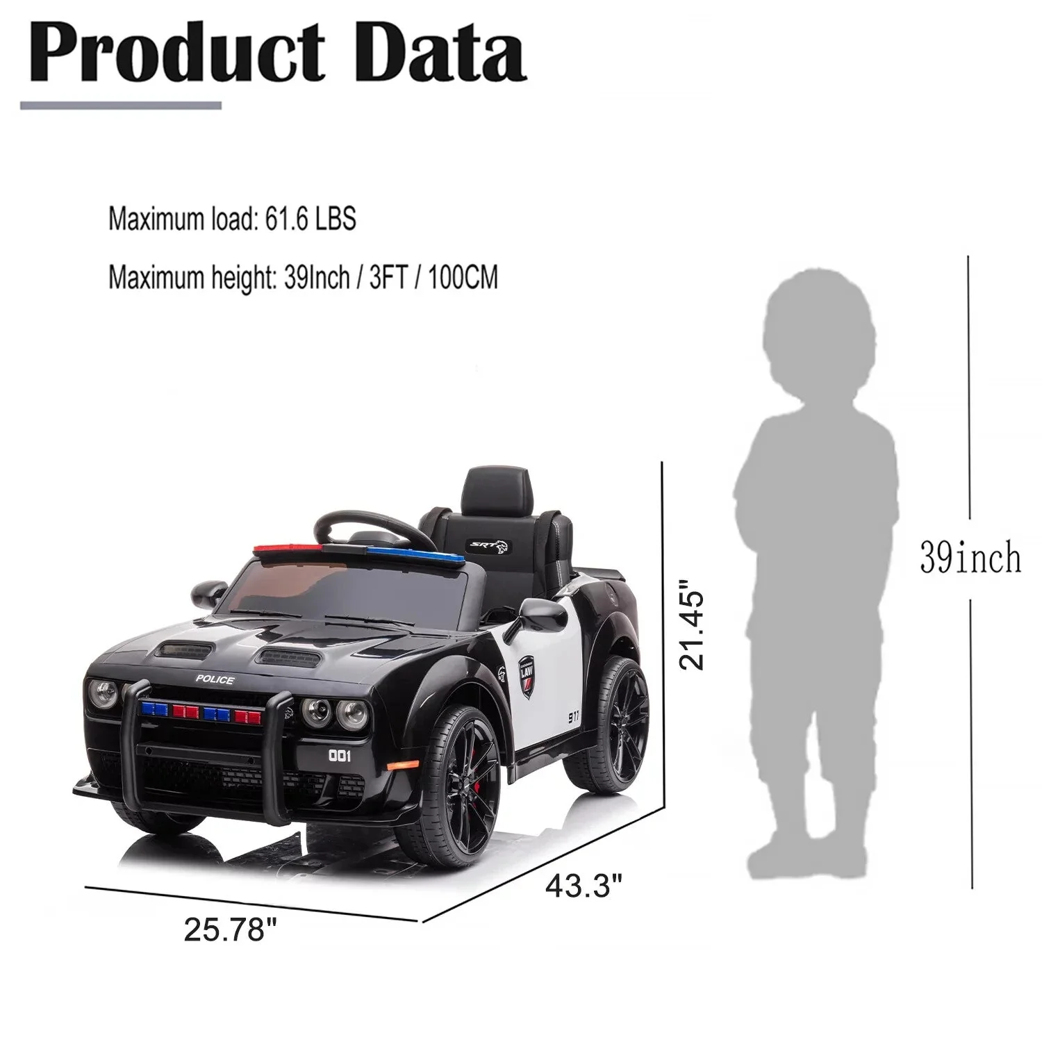 12V V-Powered Dodge Challenger Ride-On Car with Remote Control SRT Hellcat Police Design - Image 10