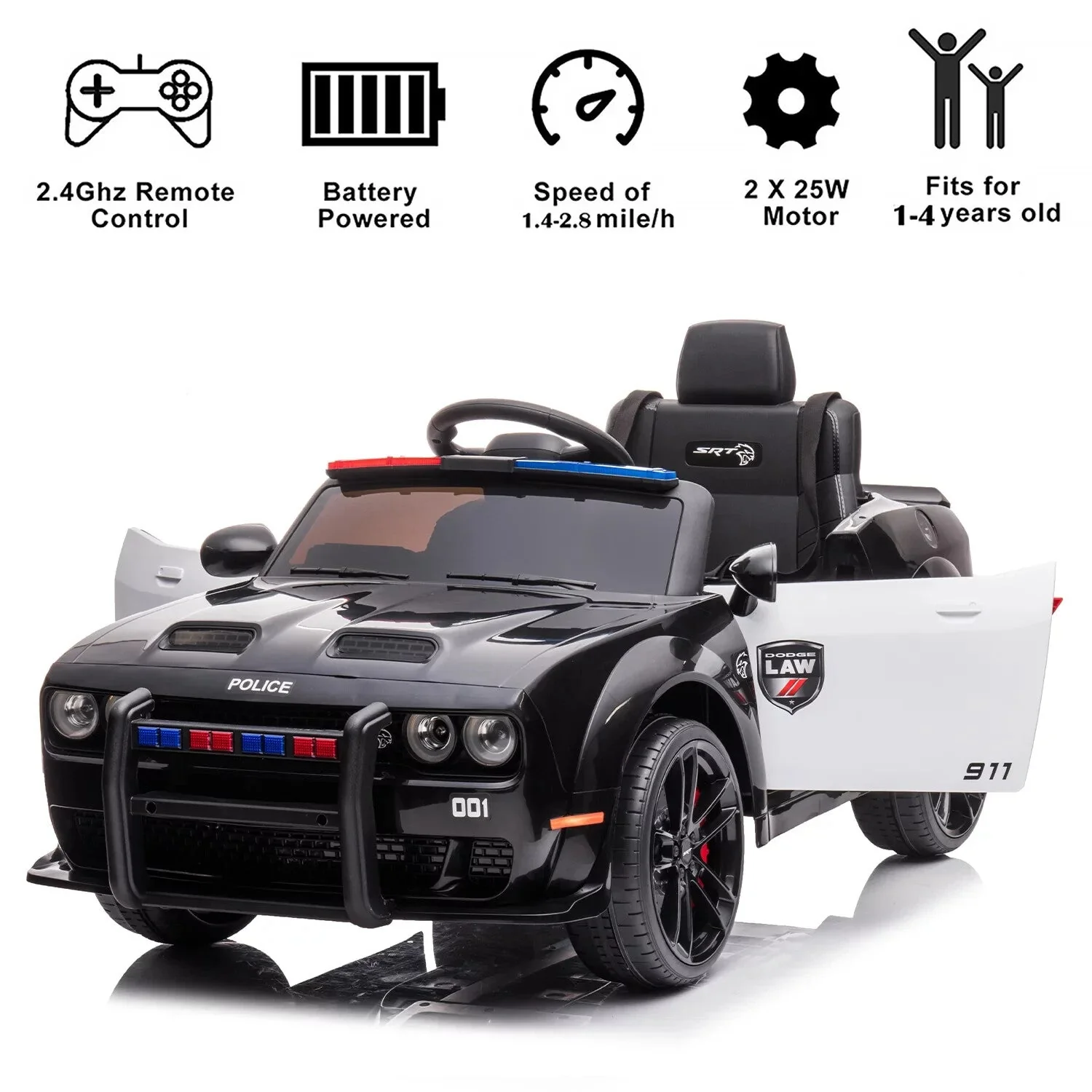 12V V-Powered Dodge Challenger Ride-On Car with Remote Control SRT Hellcat Police Design - Image 3