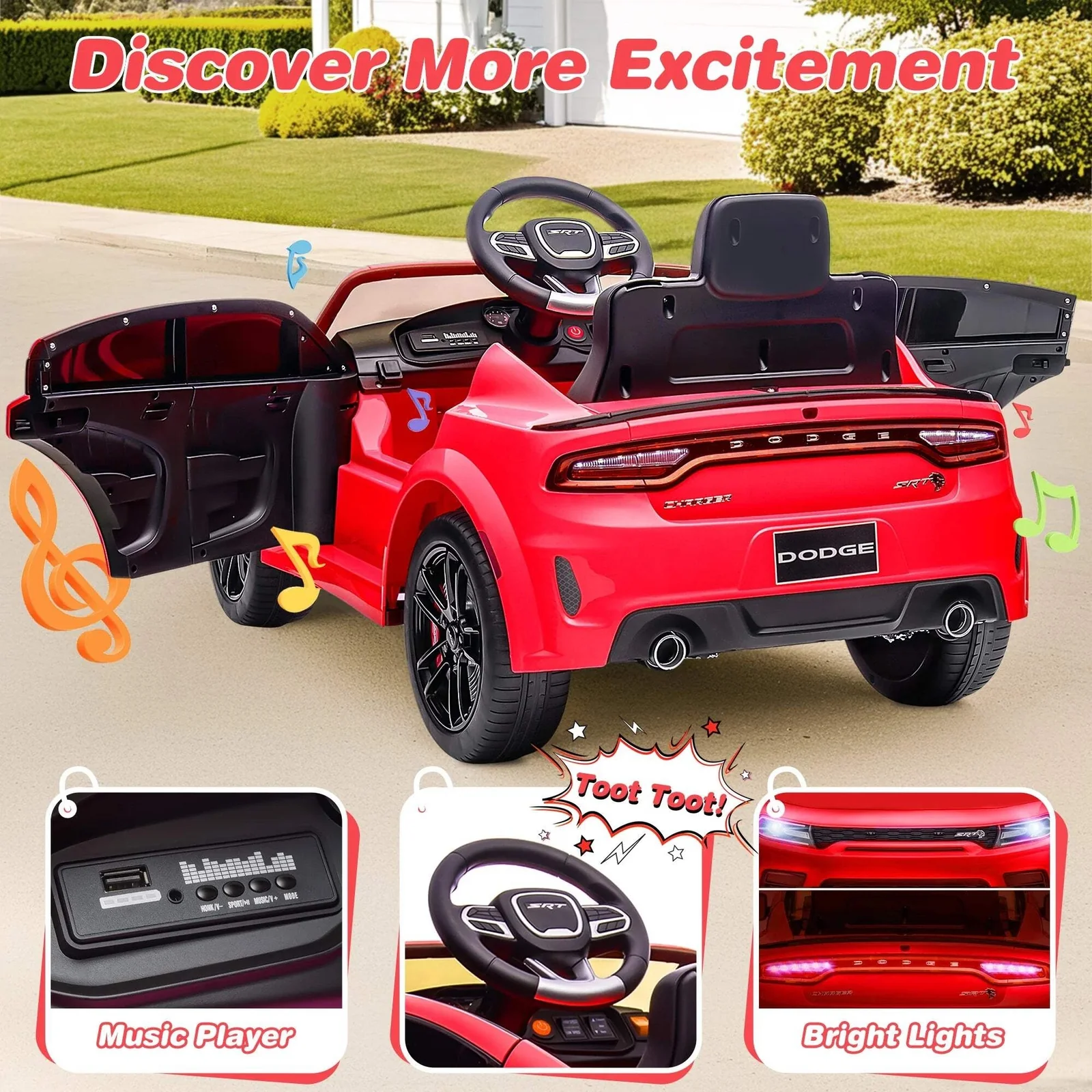 12V Kids Electric Ride-On SRT Muscle Car with LED Lights and Sound - Image 4