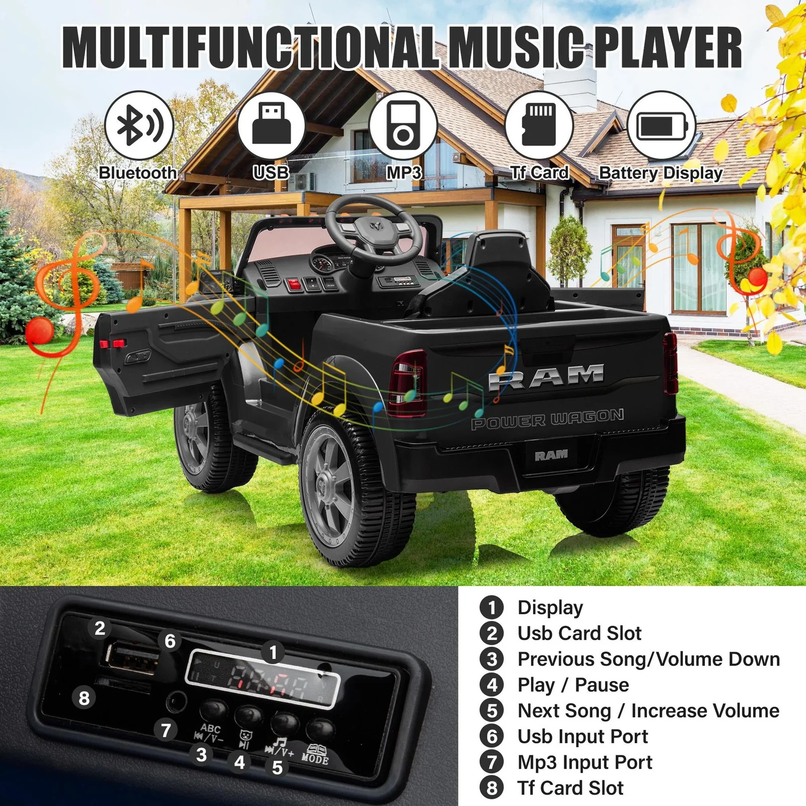 12V Dodge RAM Ride-On Car with Remote Control and Rear Wheel Suspension - Image 3