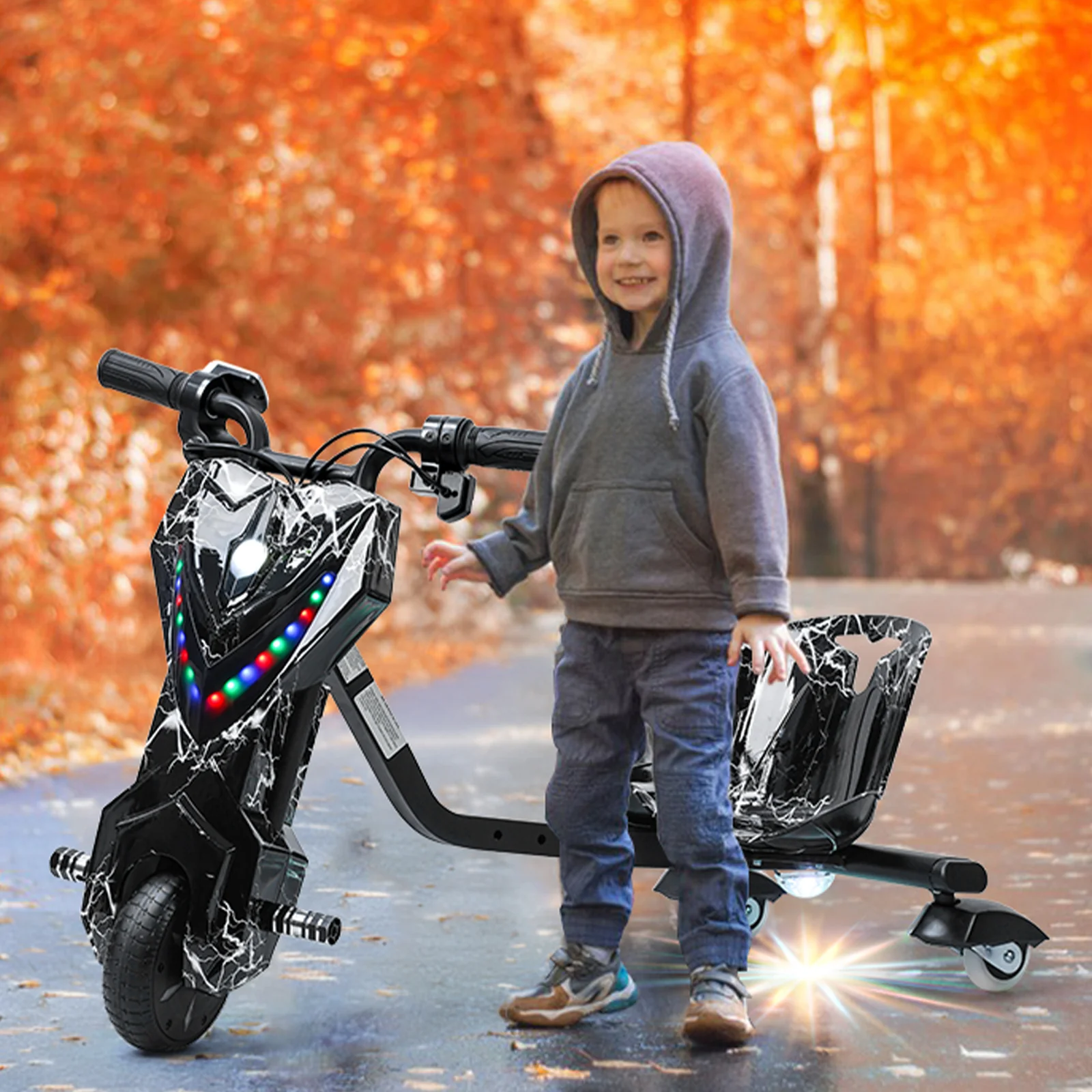 Drift Trike with Light, Adjustable Seat, High Impact Pneumatic Wheels Tricycle