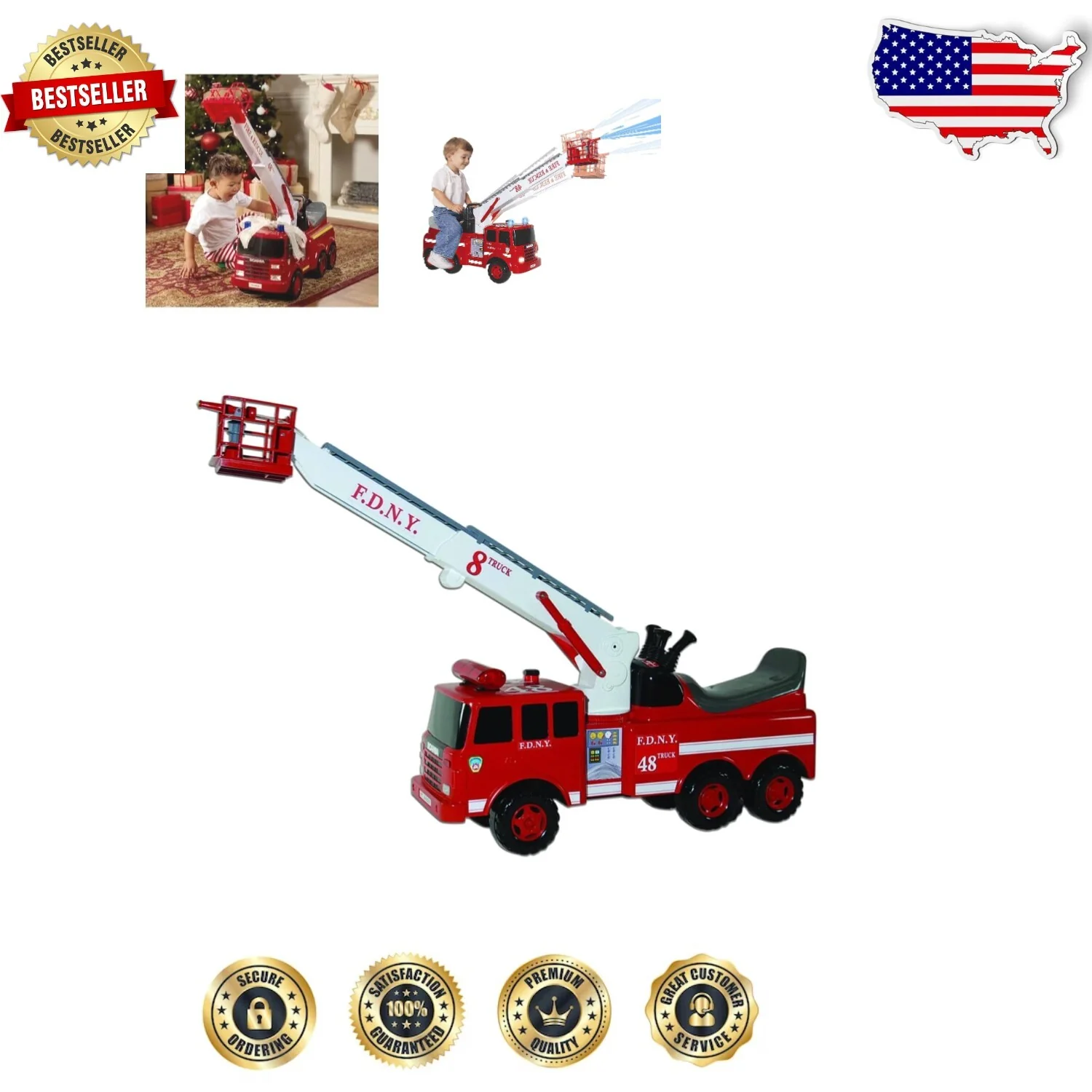 Durable Fire Engine Ride-On Toy with Remote Crane and Lights for Kids