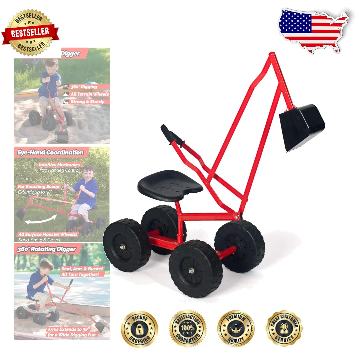 Durable Metal Crane Digger Toy with 360 Degree Rotating Seat for Outdoor Play