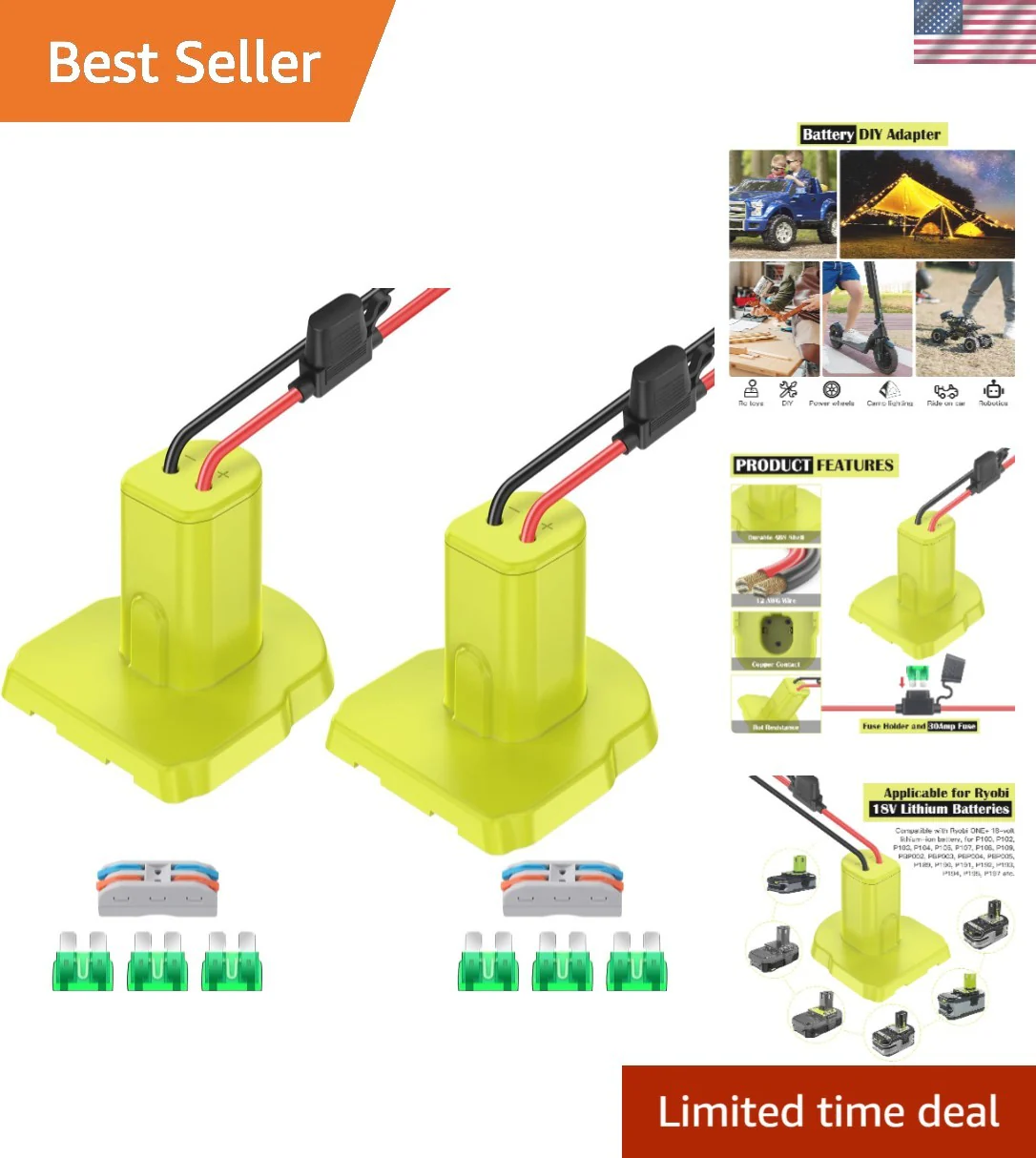 Durable Power Wheel Battery Adapter for 18V Ryobi Tools 2-Pack with Safety Fuses
