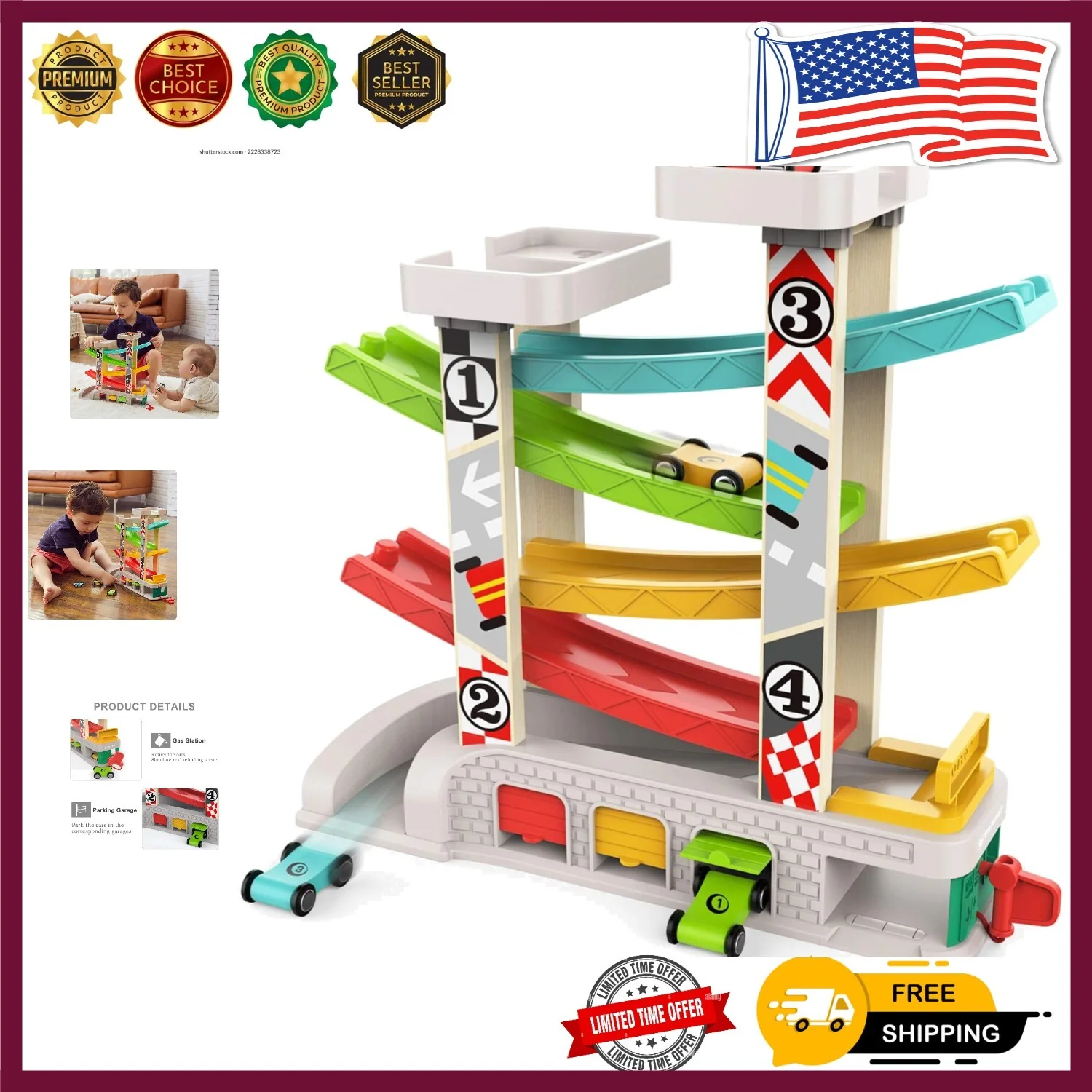 Educational Toddler Car Ramp Toy with Gas Station and 4 Wooden Cars for Ages 1-3