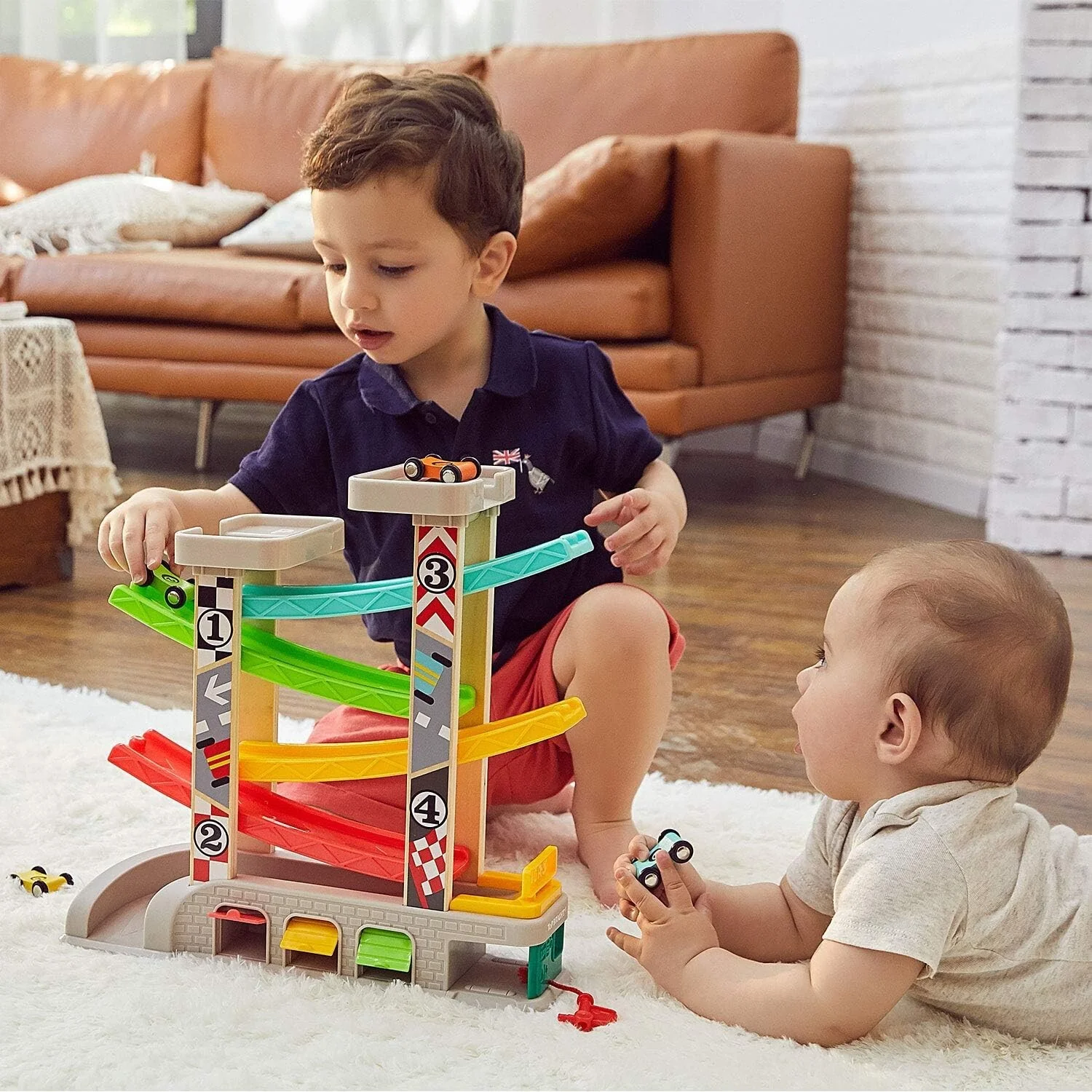 Educational Toddler Car Ramp Toy with Gas Station and 4 Wooden Cars for Ages 1-3 - Image 4