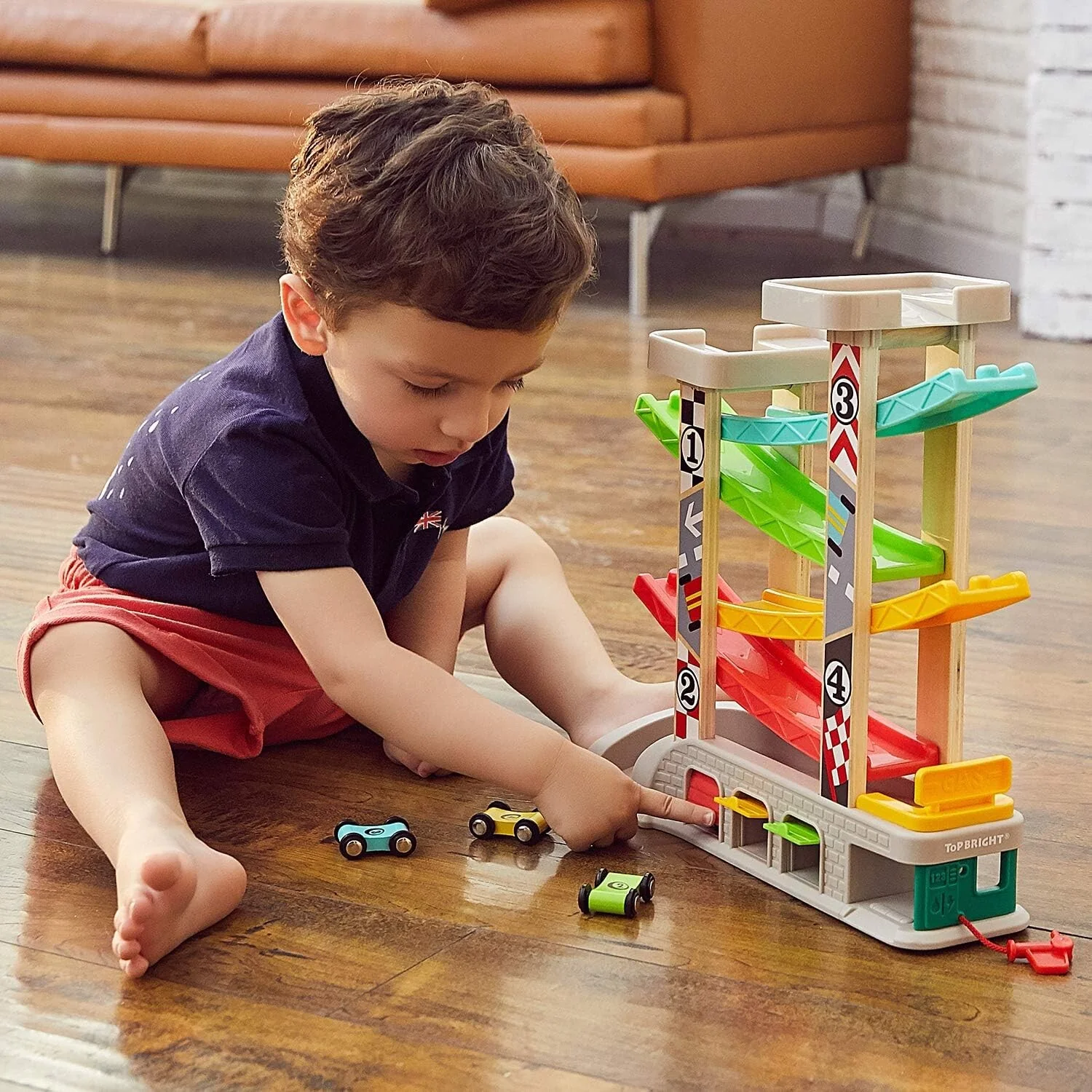 Educational Toddler Car Ramp Toy with Gas Station and 4 Wooden Cars for Ages 1-3 - Image 5