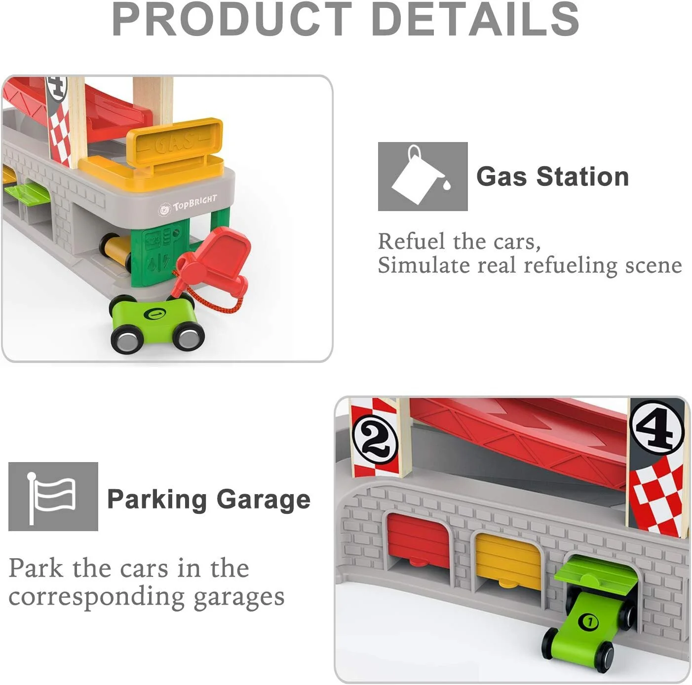 Educational Toddler Car Ramp Toy with Gas Station and 4 Wooden Cars for Ages 1-3 - Image 6