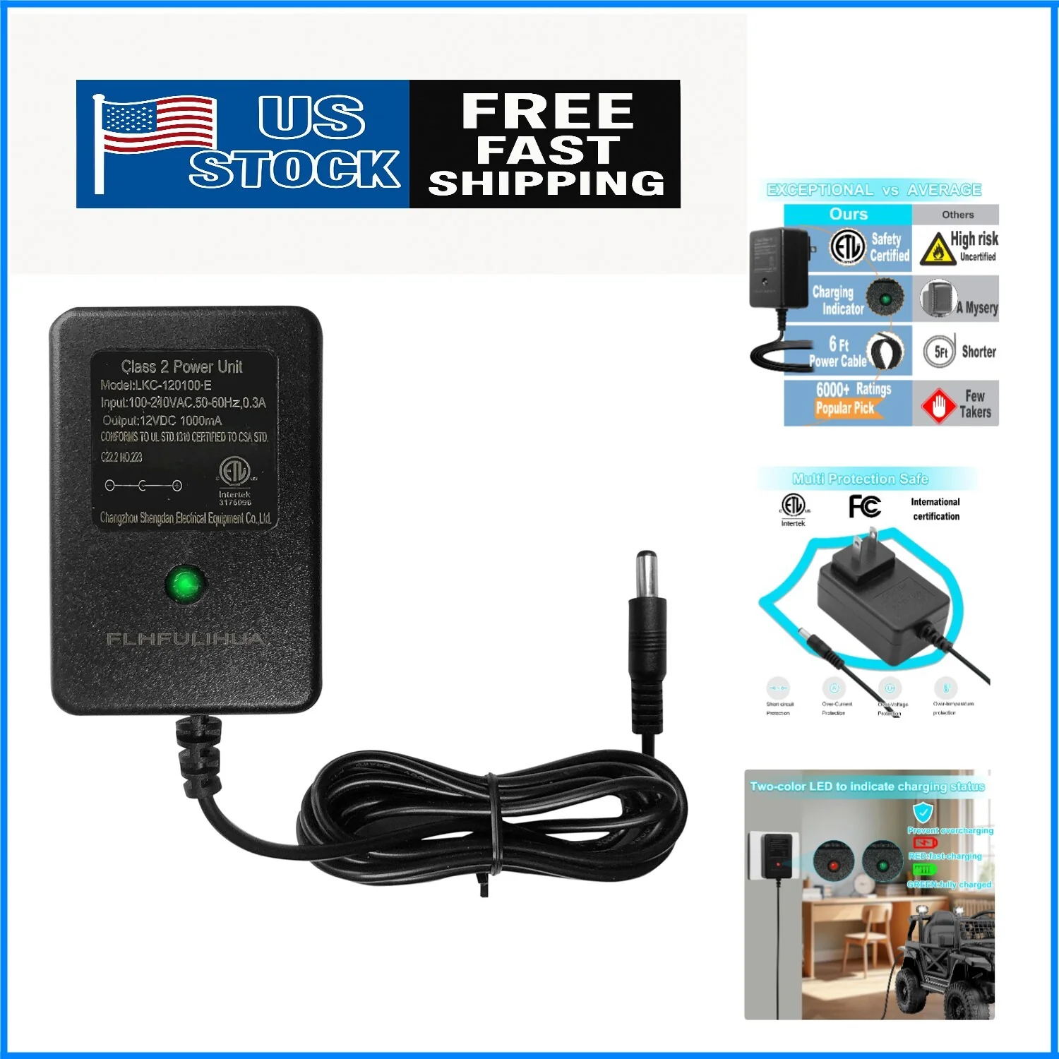 12V Efficient Battery Charger for Kids' Ride-On Toys with Certified Safety