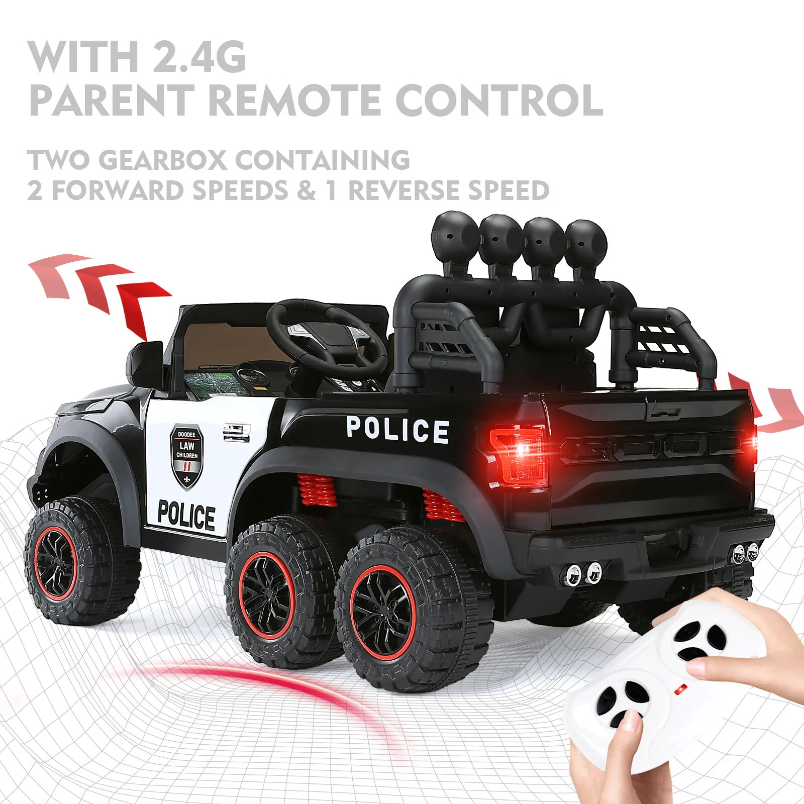 12V Electric Kids Ride-On 6-Wheel Police Truck with RC, LED Lights, and Intercom - Image 6