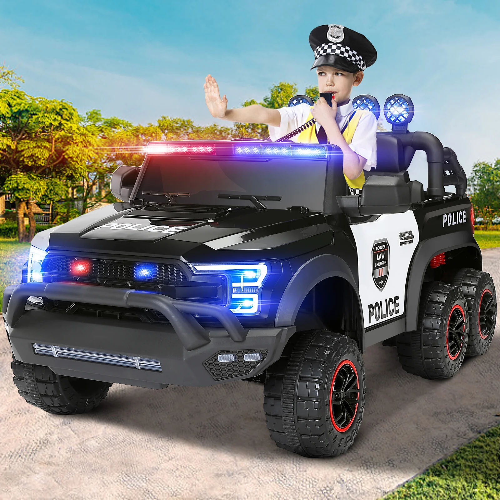 12V Electric Kids Ride-On 6-Wheel Police Truck with RC, LED Lights, and Intercom - Image 9
