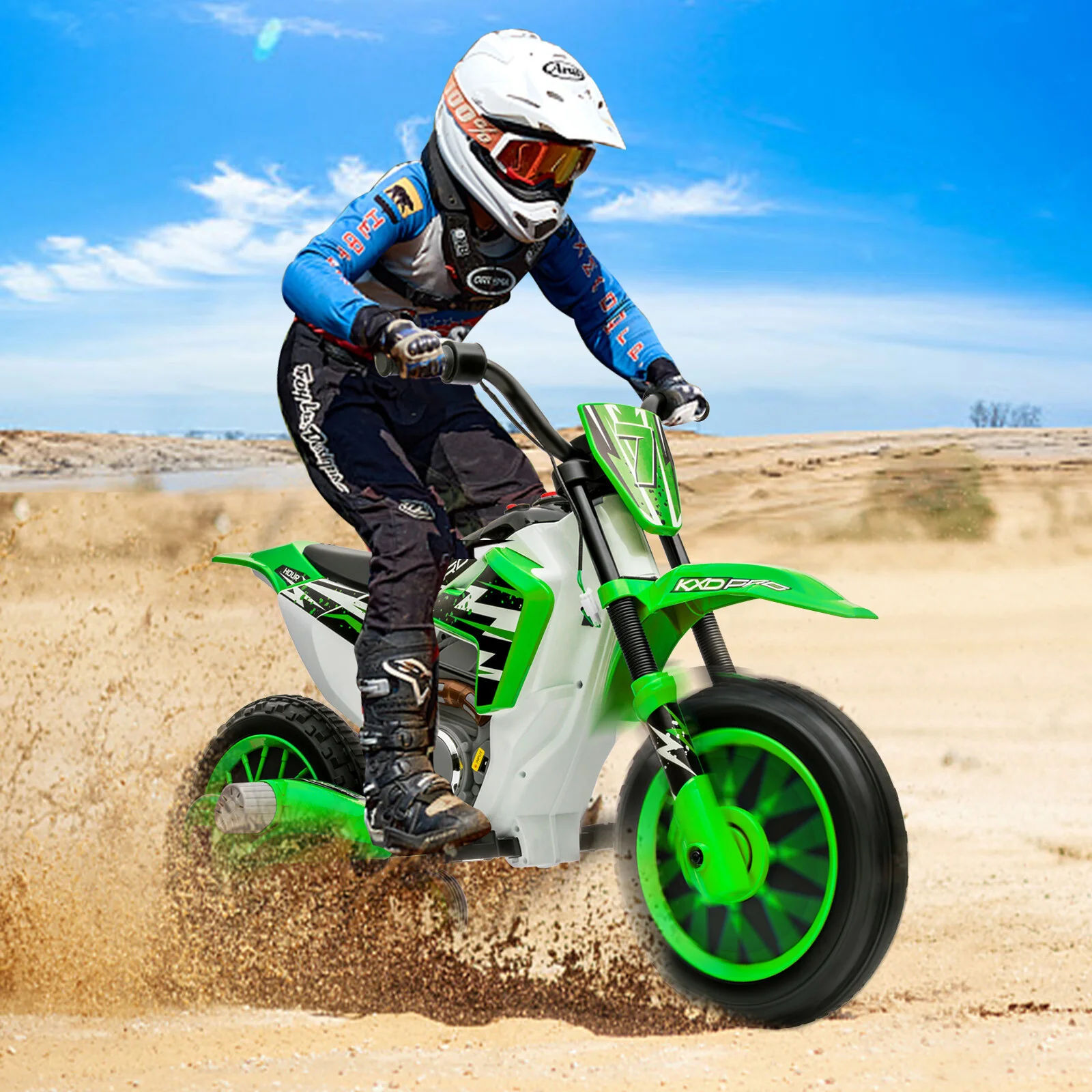 12V Electric Green Kids Ride-On Motorcycle with Training Wheels